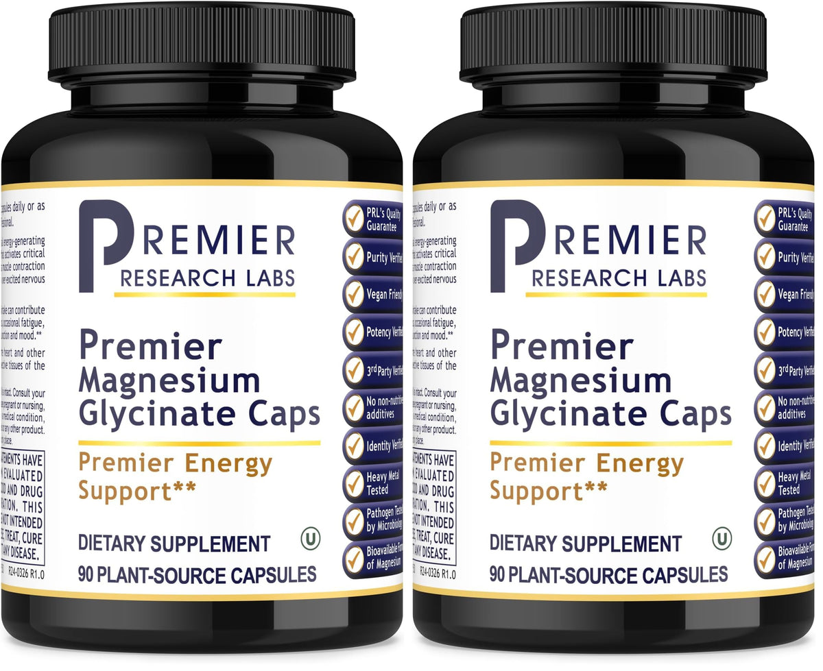 Front view of Premier Research Labs Magnesium Glycinate bottle, two-pack
