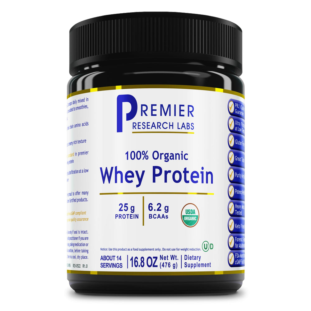 Premier Research Labs organic unflavored whey powder tub for daily protein needs