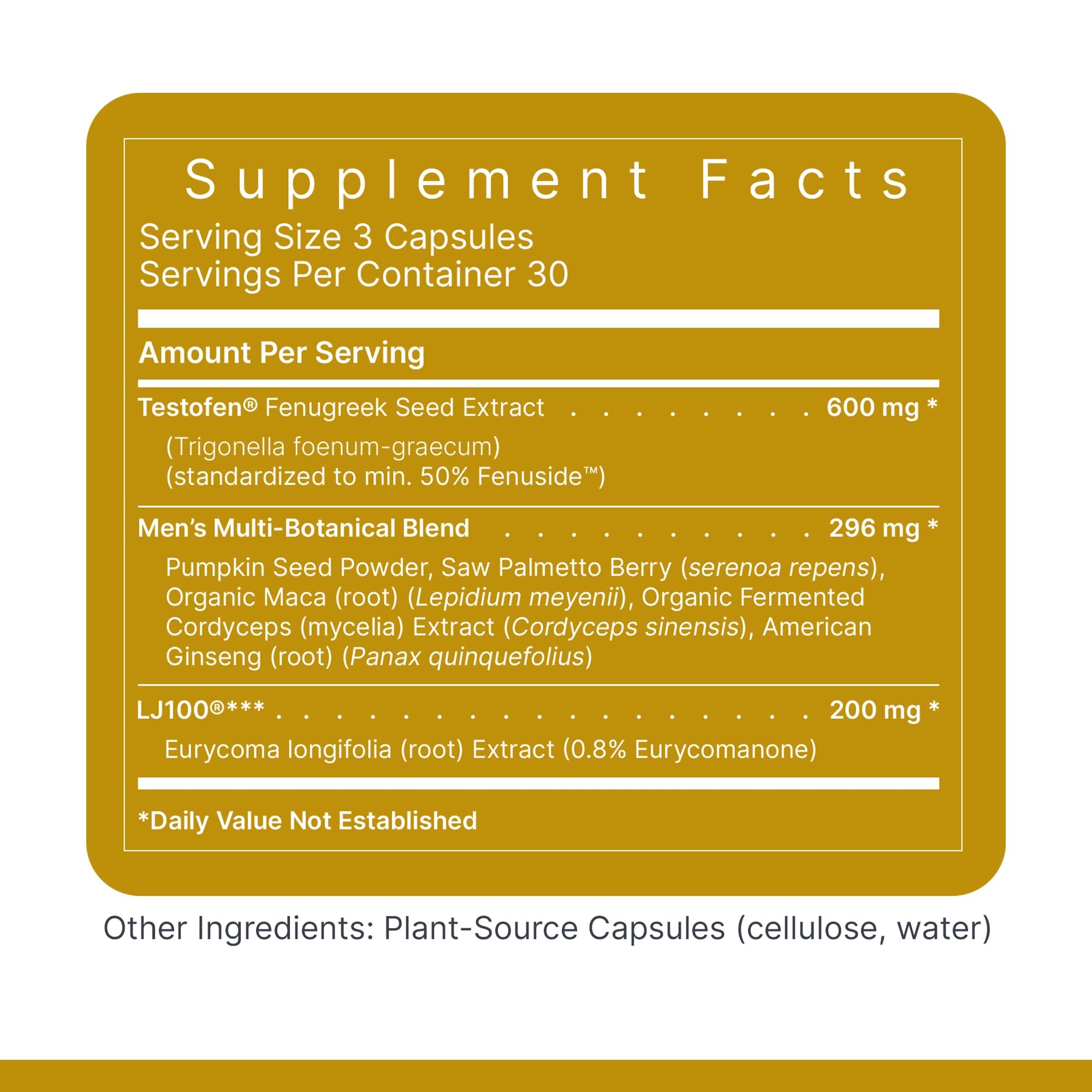 Bottle label highlighting 600 mg Testofen per serving