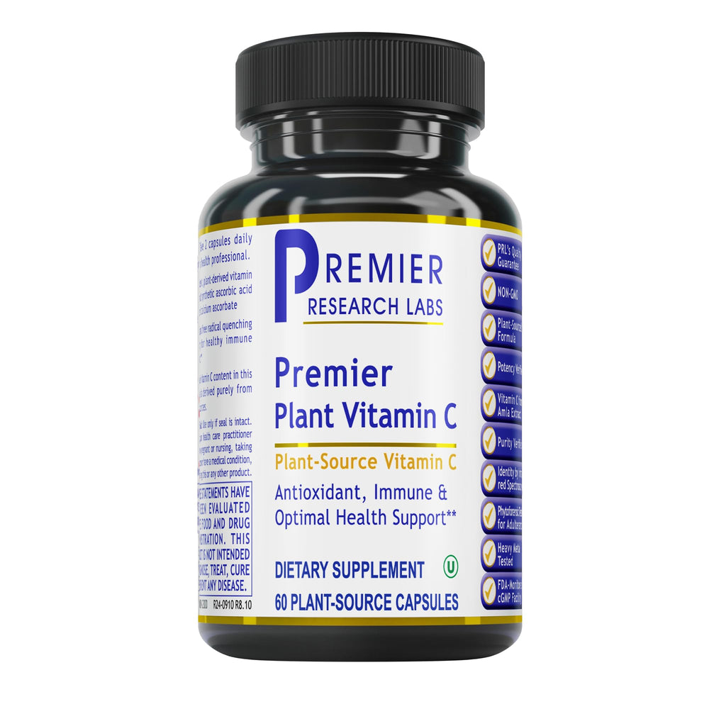 Bottle of Premier Research Labs Vitamin C supplement with amber glass