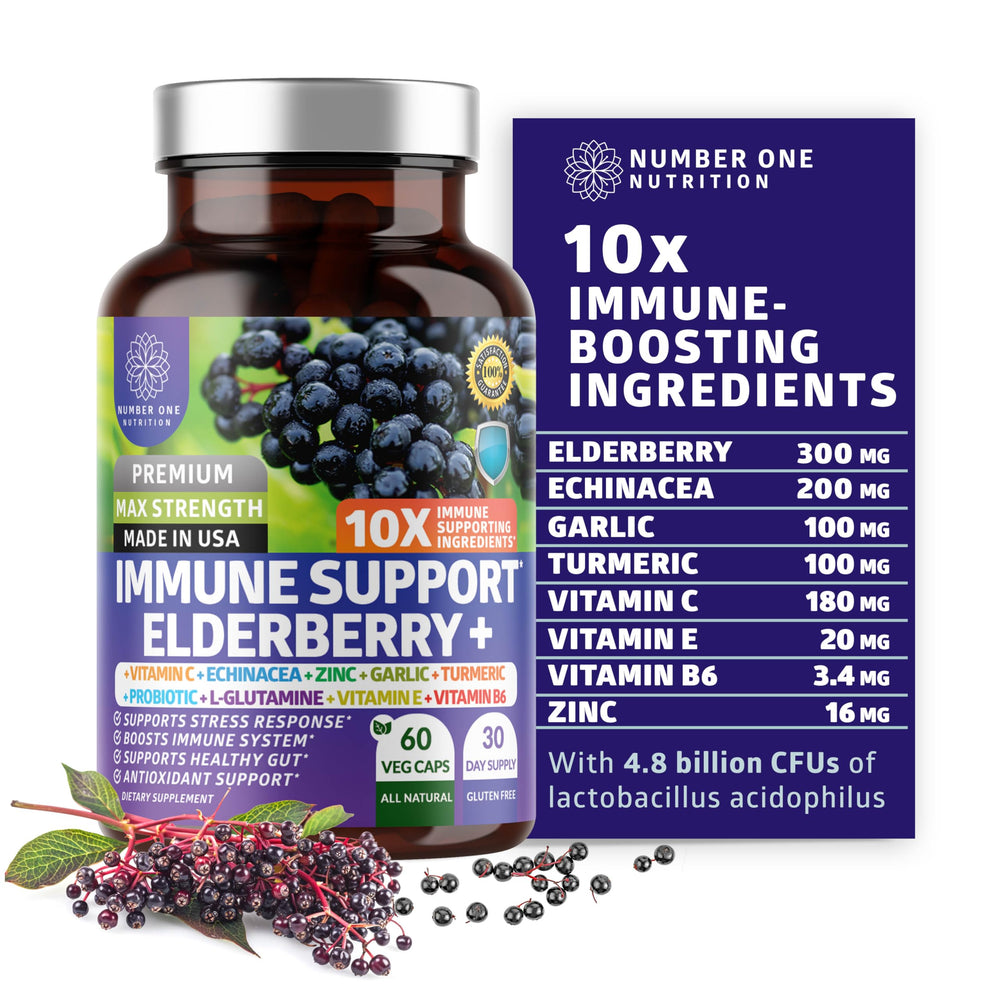 Premium 10-in-1 Immune Support bottle showing elderberry, vitamin C, zinc and probiotic