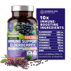 Premium 10-in-1 Immune Support bottle showing elderberry, vitamin C, zinc and probiotic