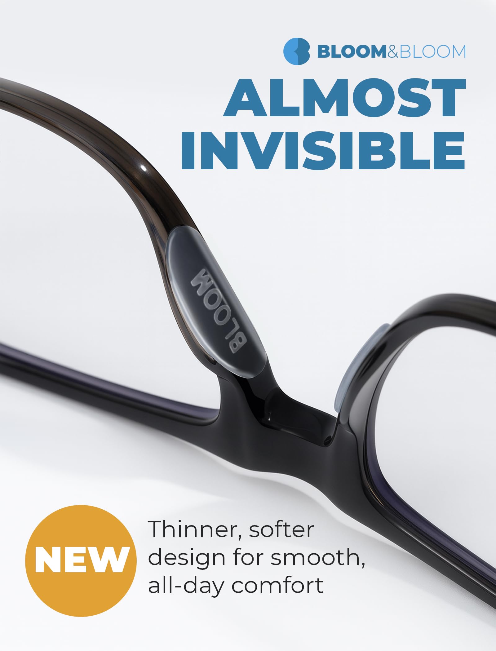 Nose pads on plastic frames showing discreet profile
