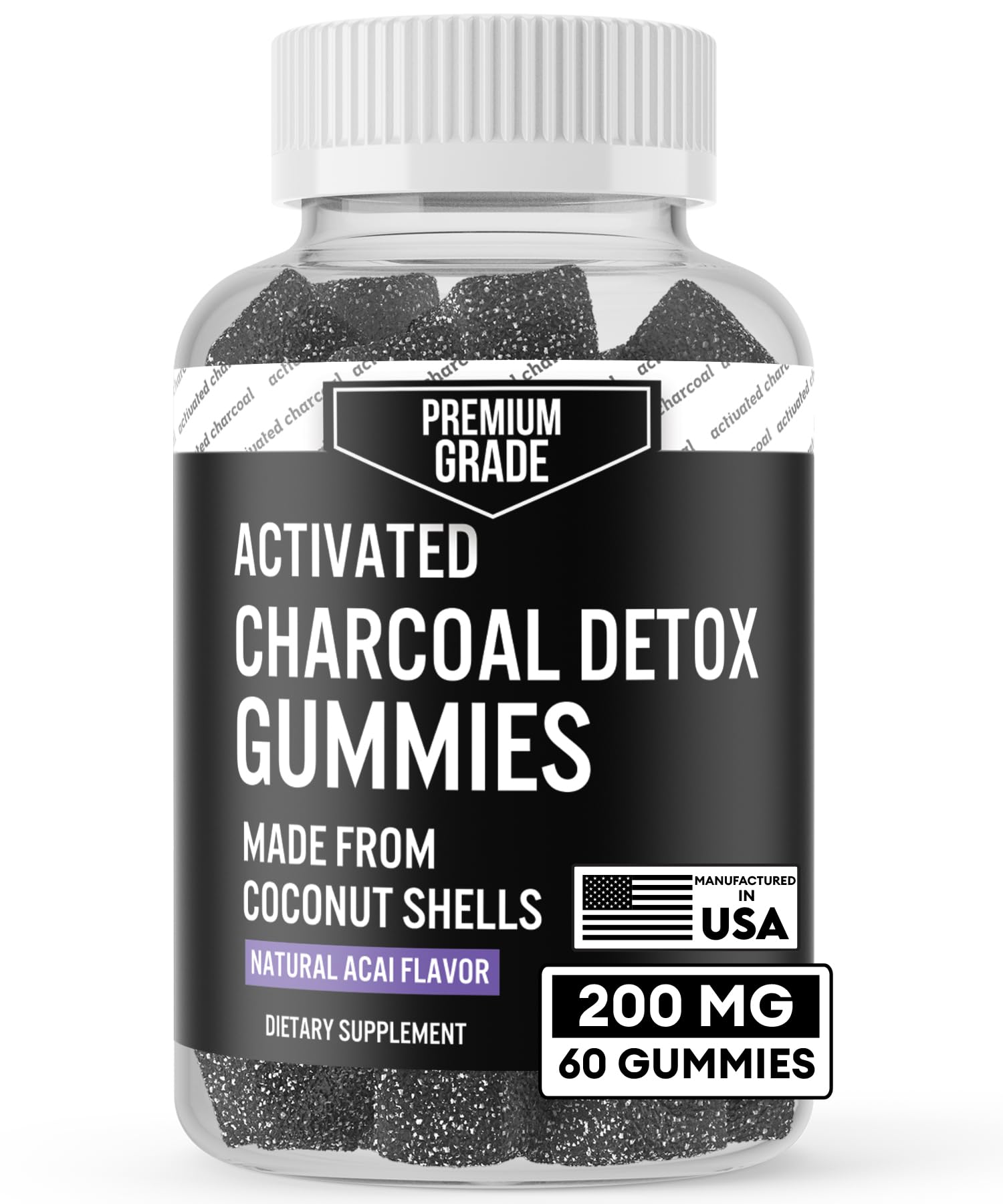 Bottle of Premium Grade Activated Charcoal Gummies - Coconut Acai Flavor (60 Count)