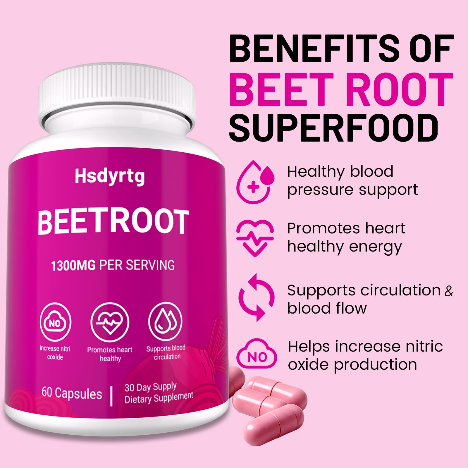 Vegan-certified, non-GMO, gluten-free beetroot capsules packaging