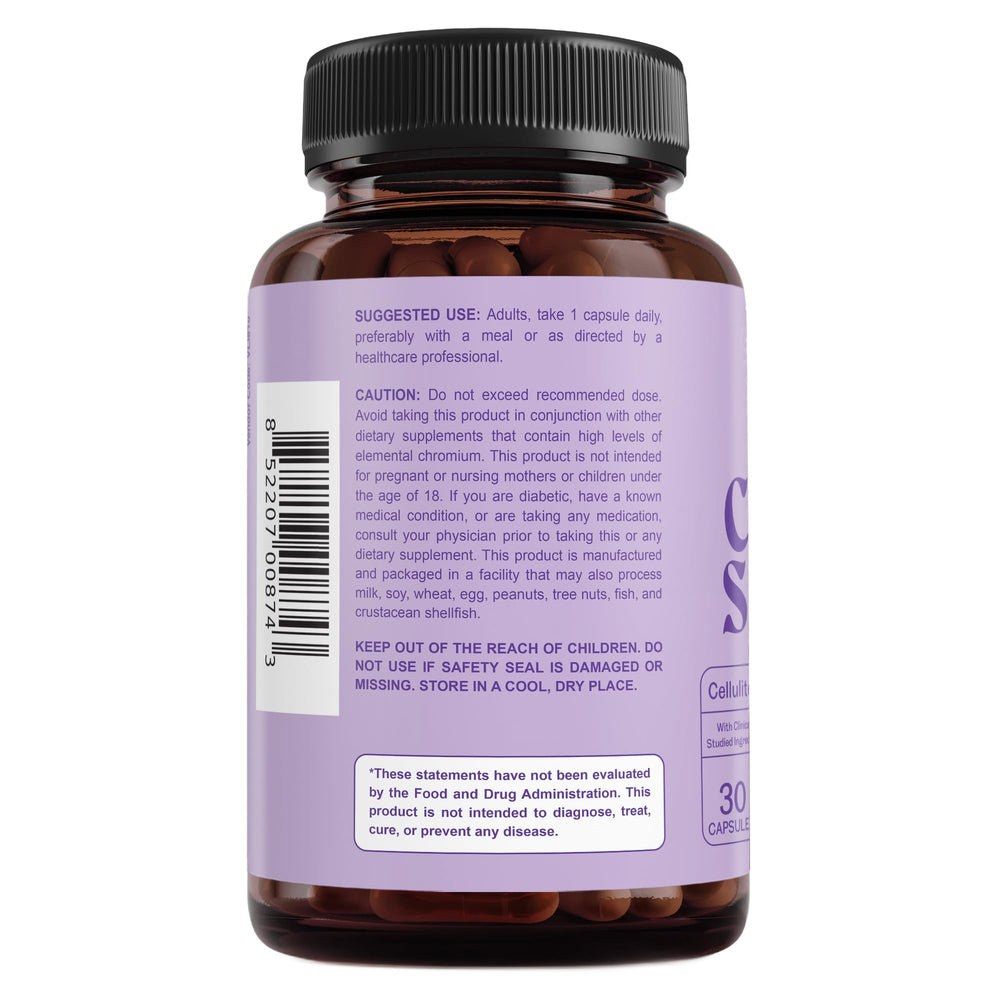 Flat lay of cellulite supplement, capsules and bottle