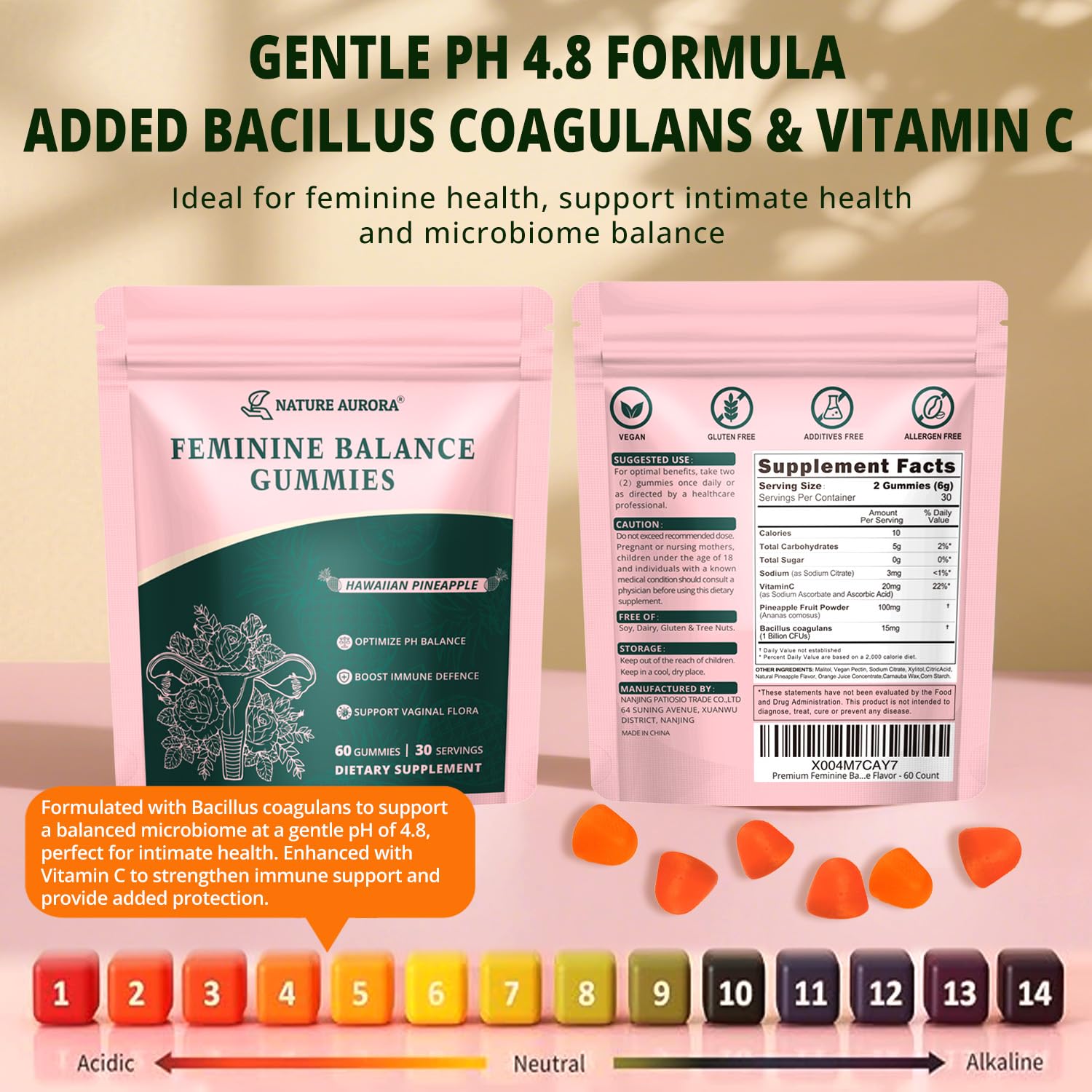Gummies with vegan ingredients and gluten-free icons