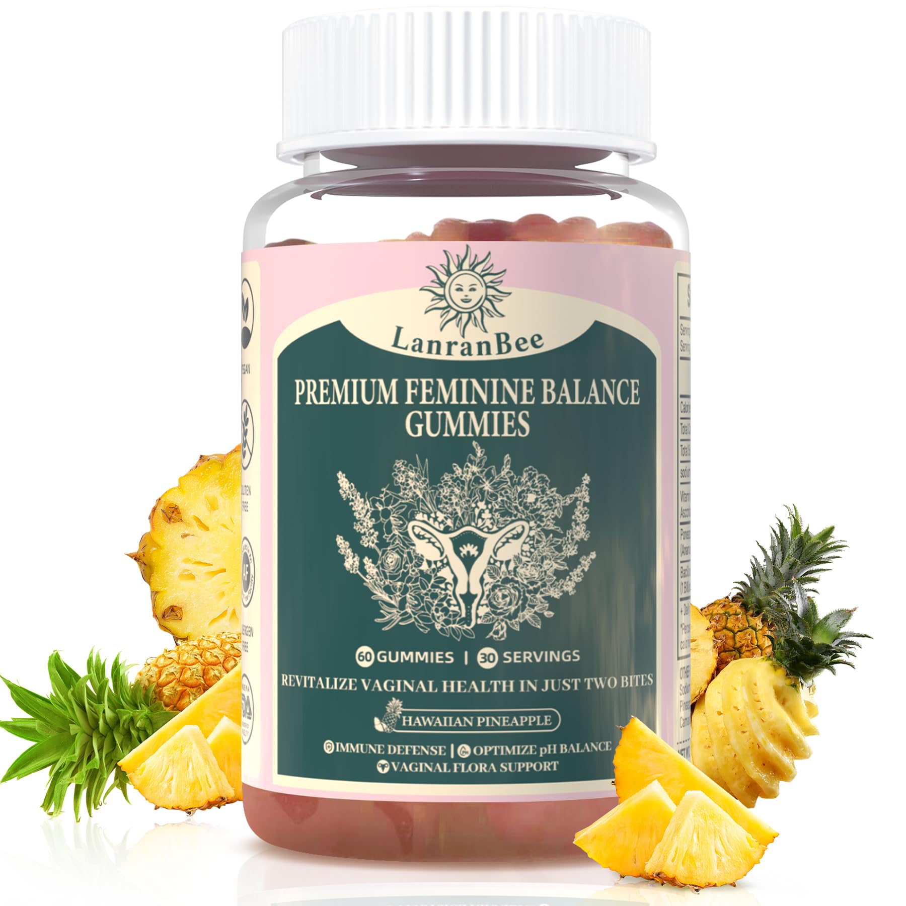 LanranBee Premium Feminine Balance Gummies bottle with pineapple flavored gummies