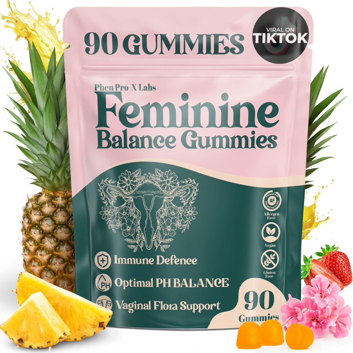 Bottle of Premium Feminine Balance Gummies for Women with Hawaiian Pineapple flavor