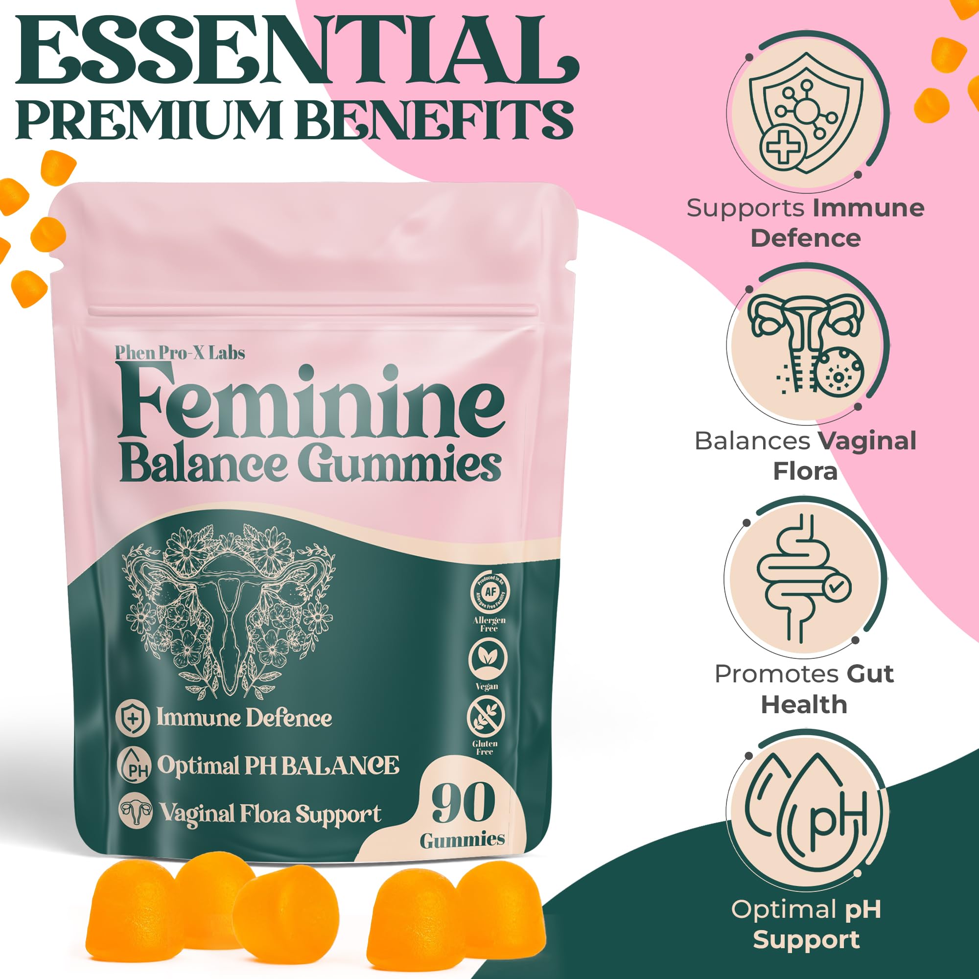 90-count pouch displaying pineapple-flavored feminine balance gummies