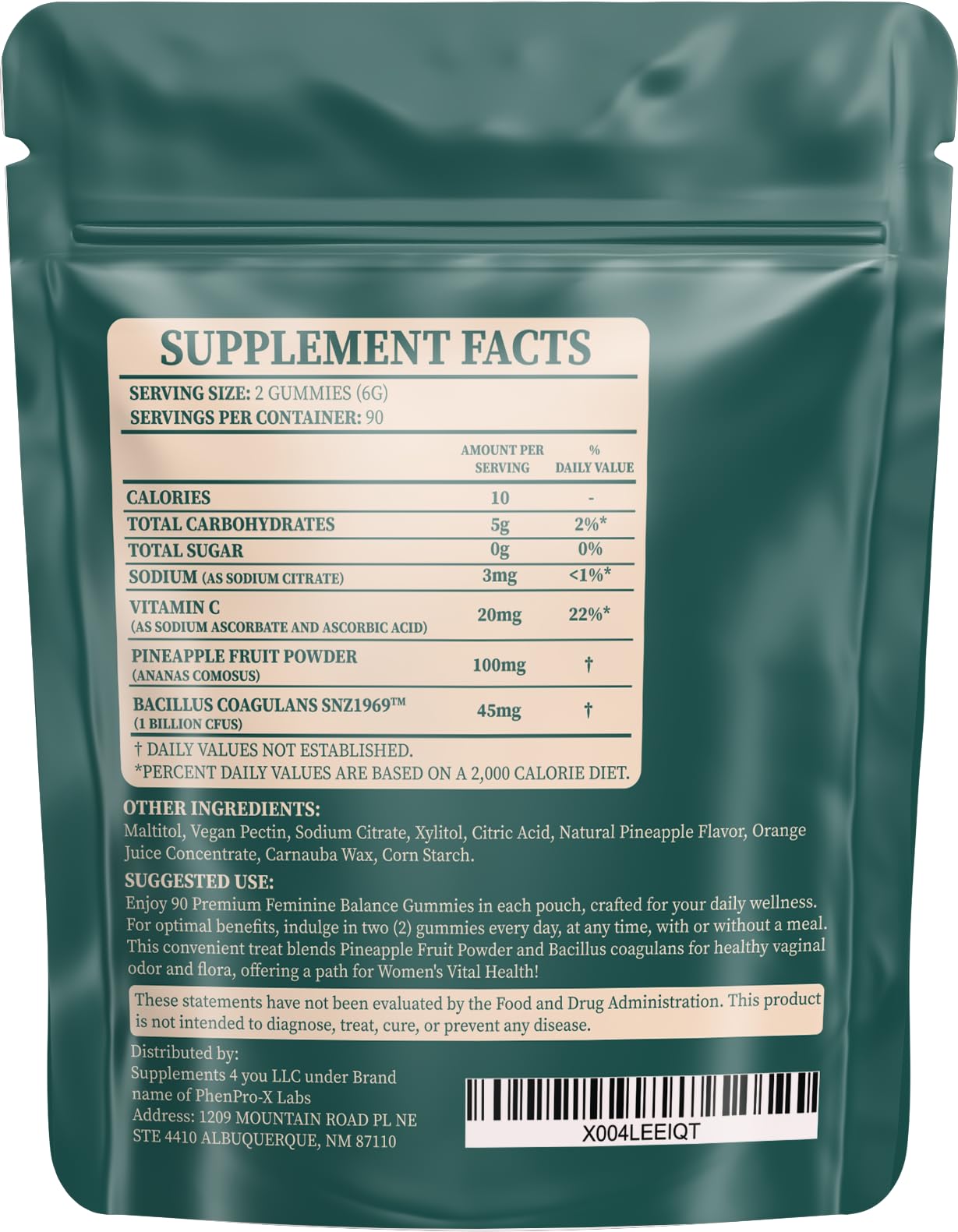 Label highlighting pH balance, immune support, and vaginal flora