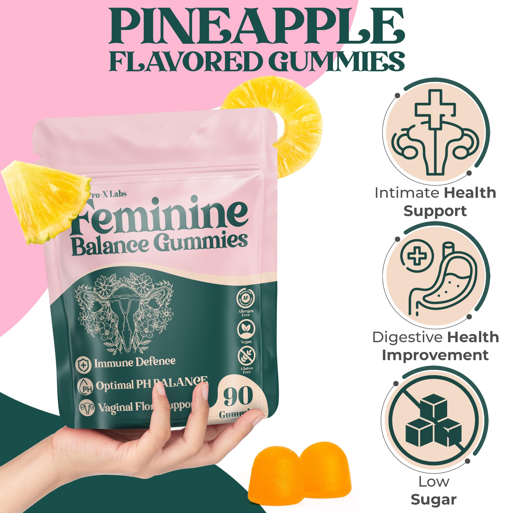 Lifestyle shot promoting women's wellness and pineapple flavor