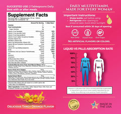 Dropper releasing liquid from women's multivitamin bottle