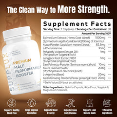 Bottle showing 60 capsules of Premium Male Performance Booster