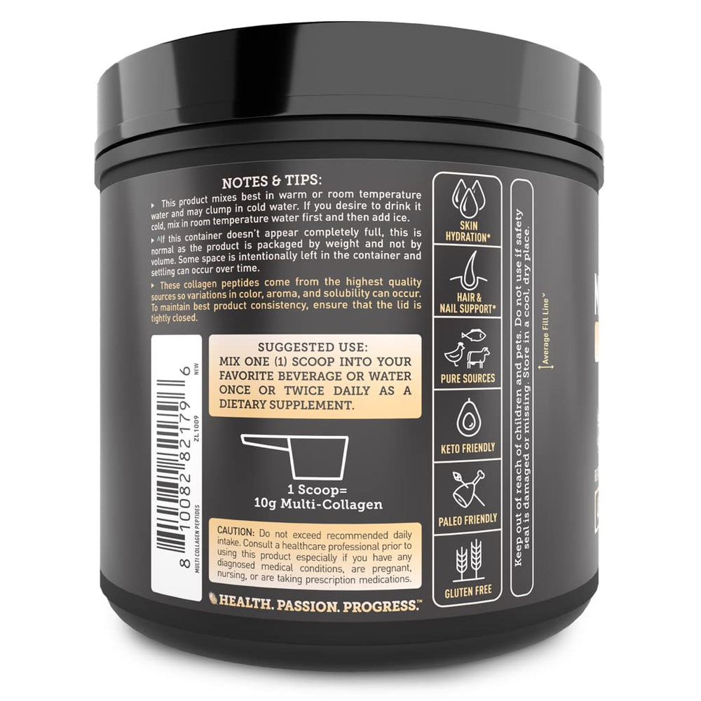 Ingredients panel showing collagen types: bovine, chicken, marine, eggshell