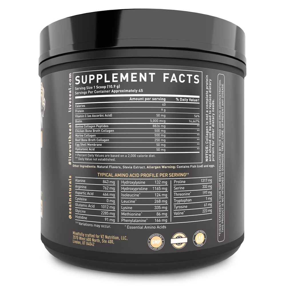 Nutrition facts for Premium Multi Collagen Peptides Powder Vanilla 45 Servings