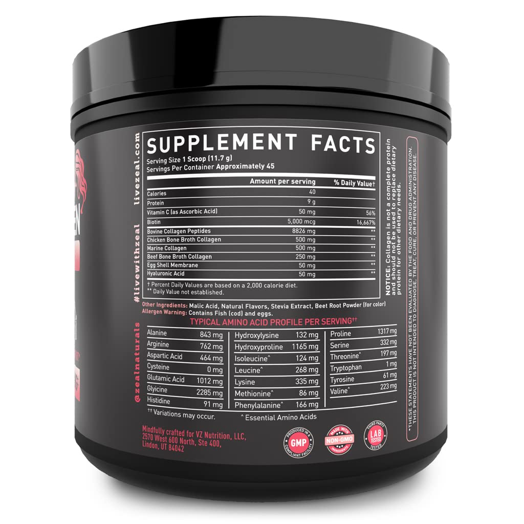 Source ingredients include marine, bovine, chicken, and eggshell collagen