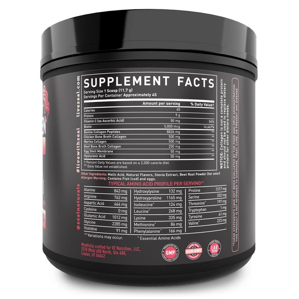 Source ingredients include marine, bovine, chicken, and eggshell collagen