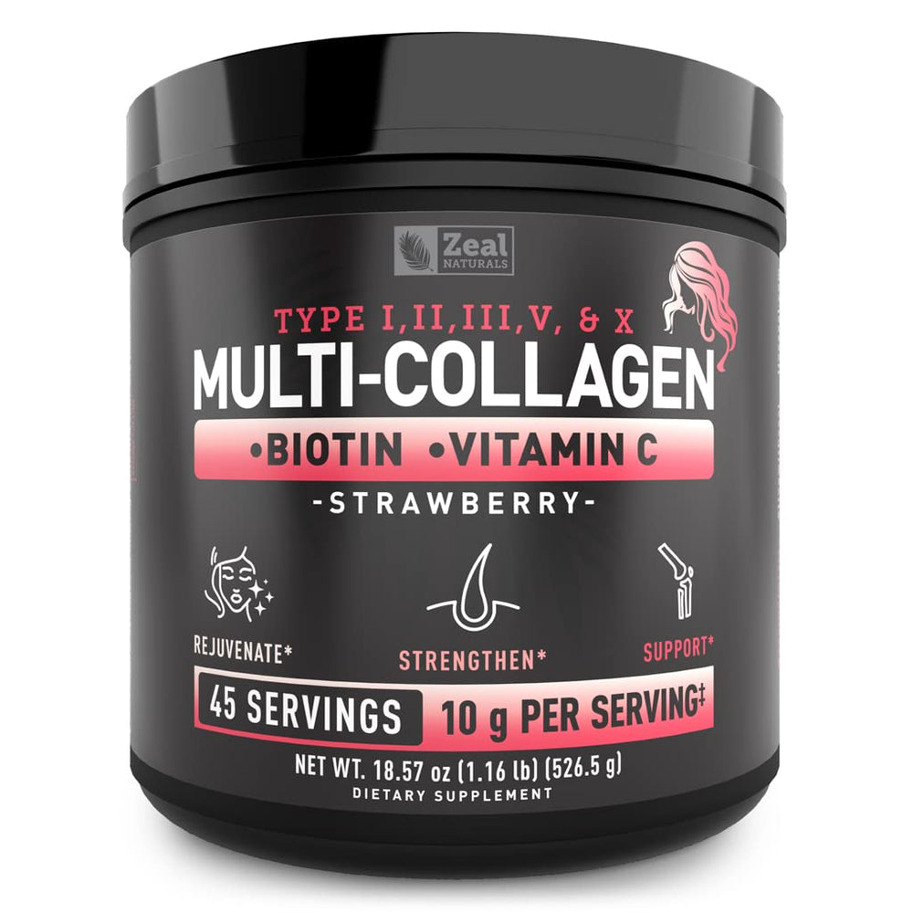 Premium Multi Collagen Protein Powder Strawberry front bottle with 45 servings