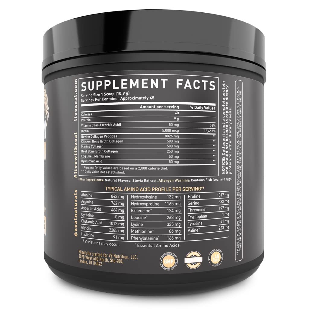 Nutrition facts panel for Premium Multi Collagen Protein Powder Vanilla