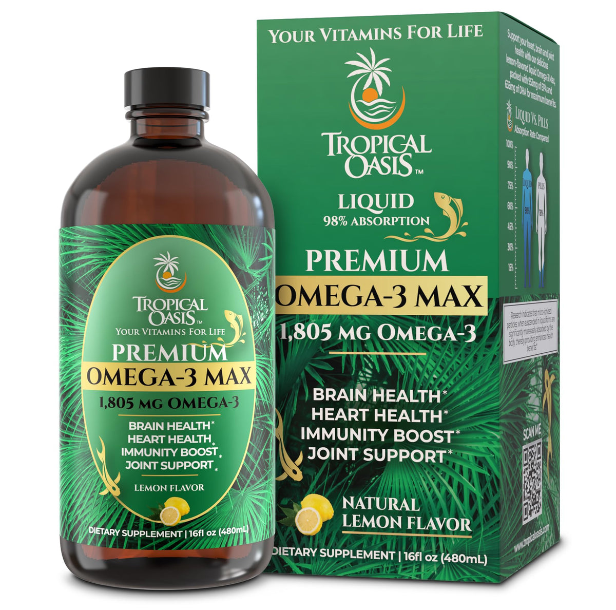 Tropical Oasis Premium Omega-3 MAX bottle (16oz, 96 servings)