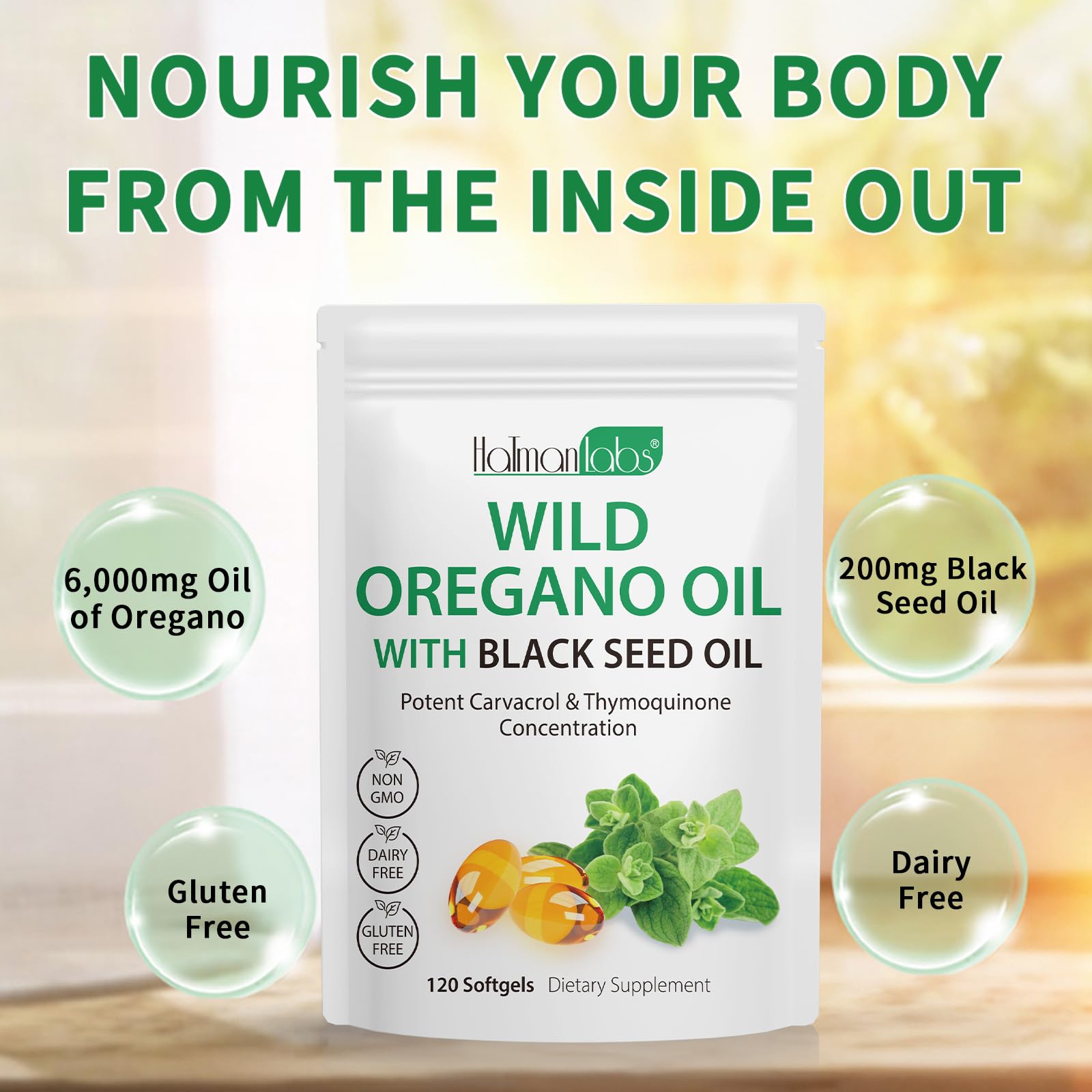Premium oregano oil capsules, plant-based and GMO-free
