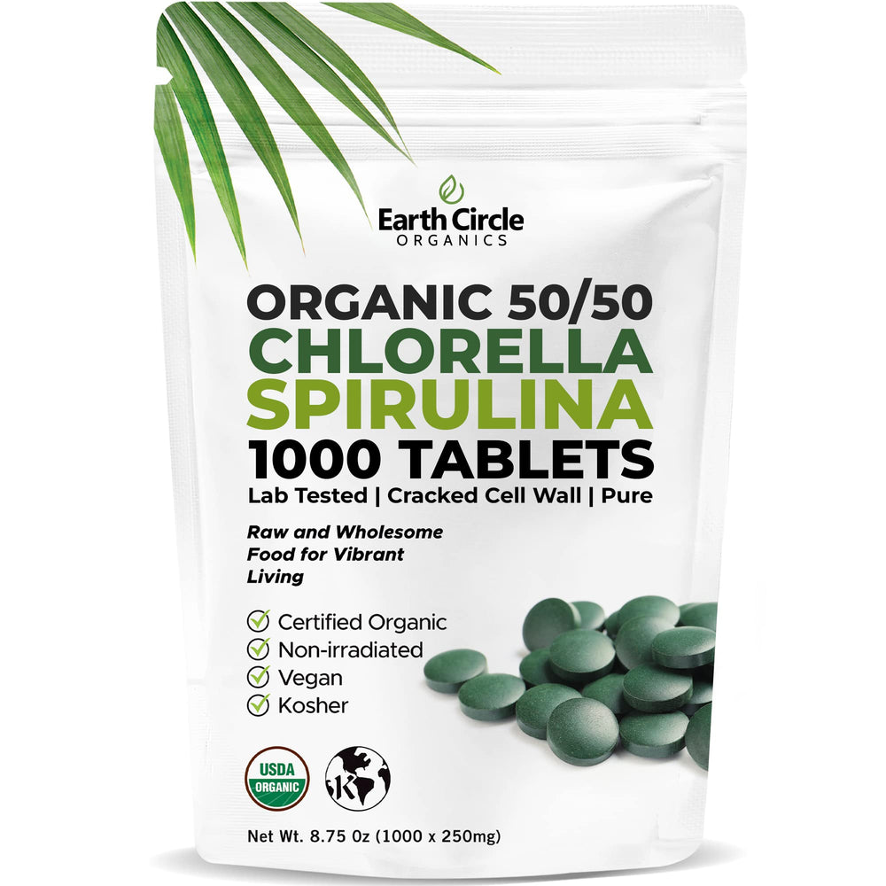 Front view of Premium Organic Chlorella Spirulina 1000 tablets (50/50)