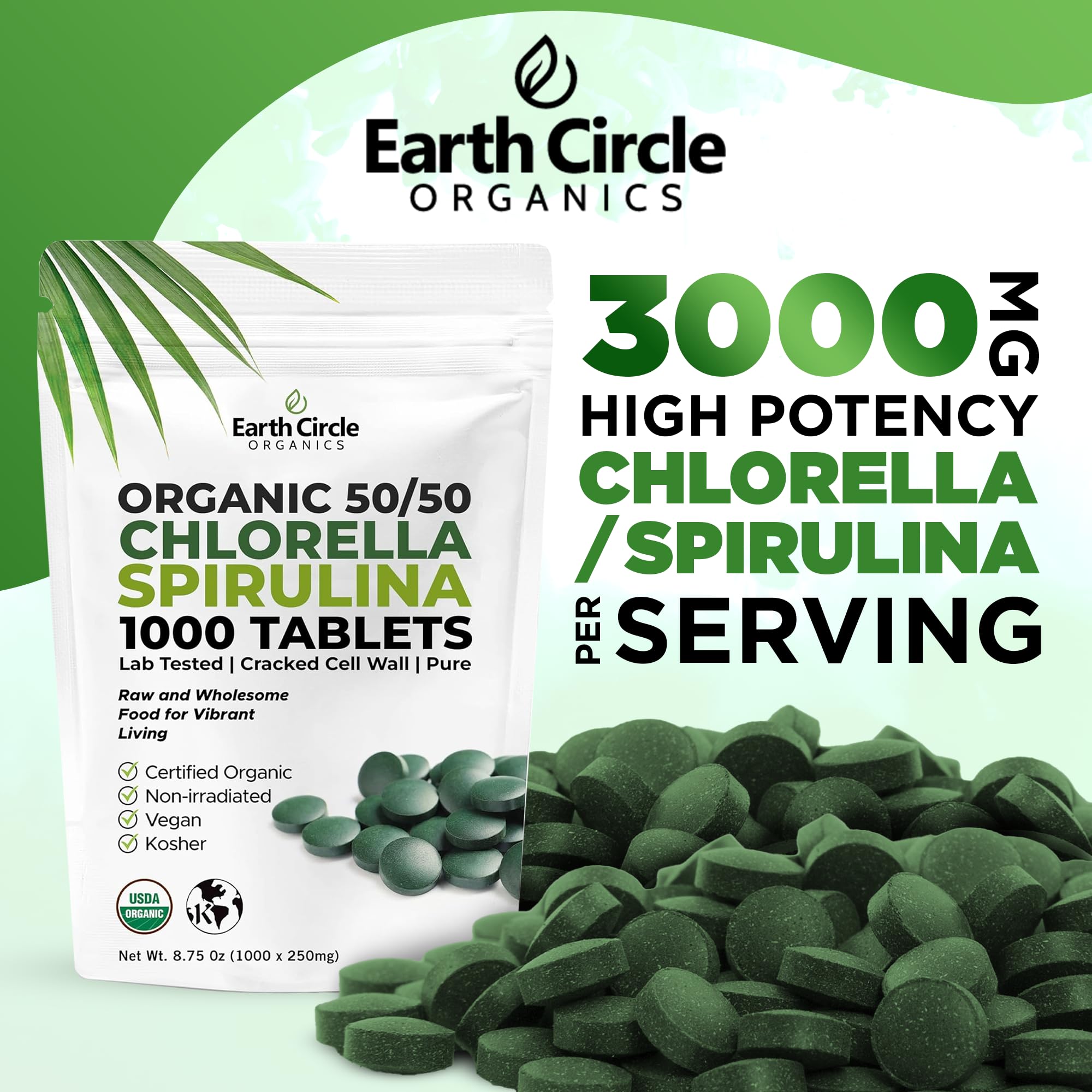 Bottle of chlorella spirulina tablets with easy-to-swallow design