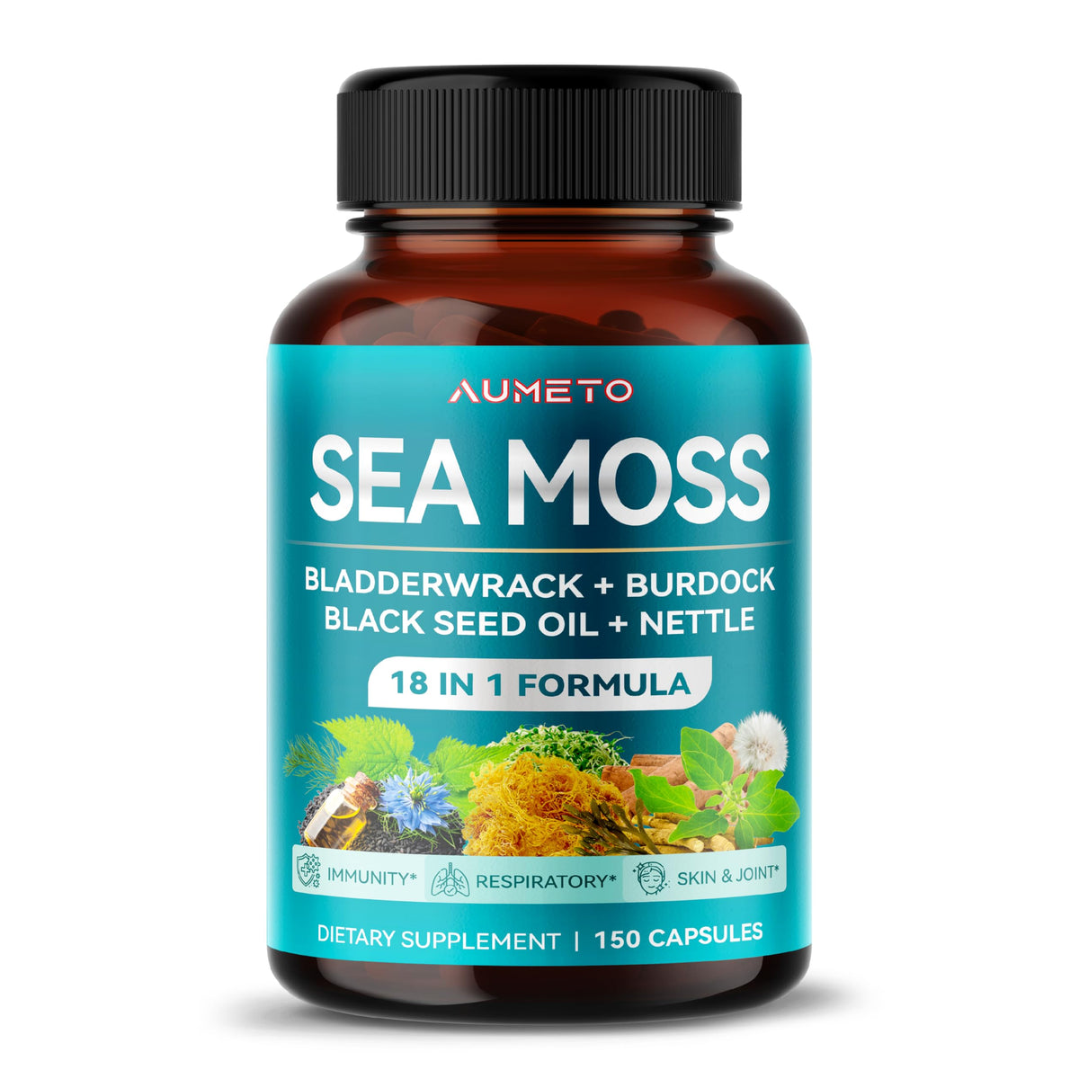 Premium sea moss with ashwagandha and black seed oil capsule close-up