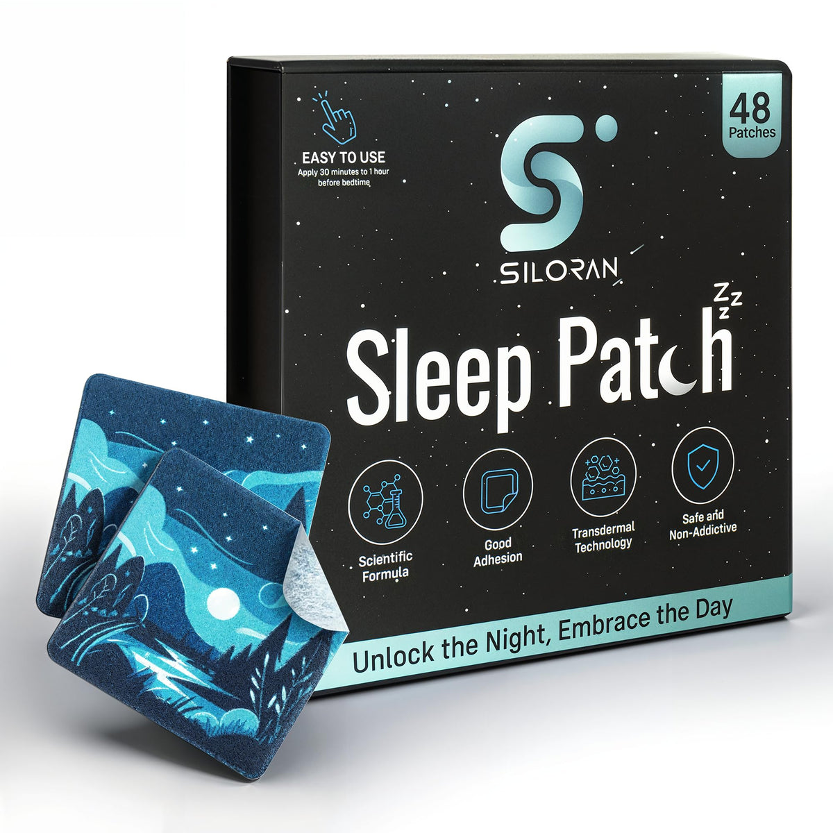 Premium Sleep Patches packaging and patches on white background