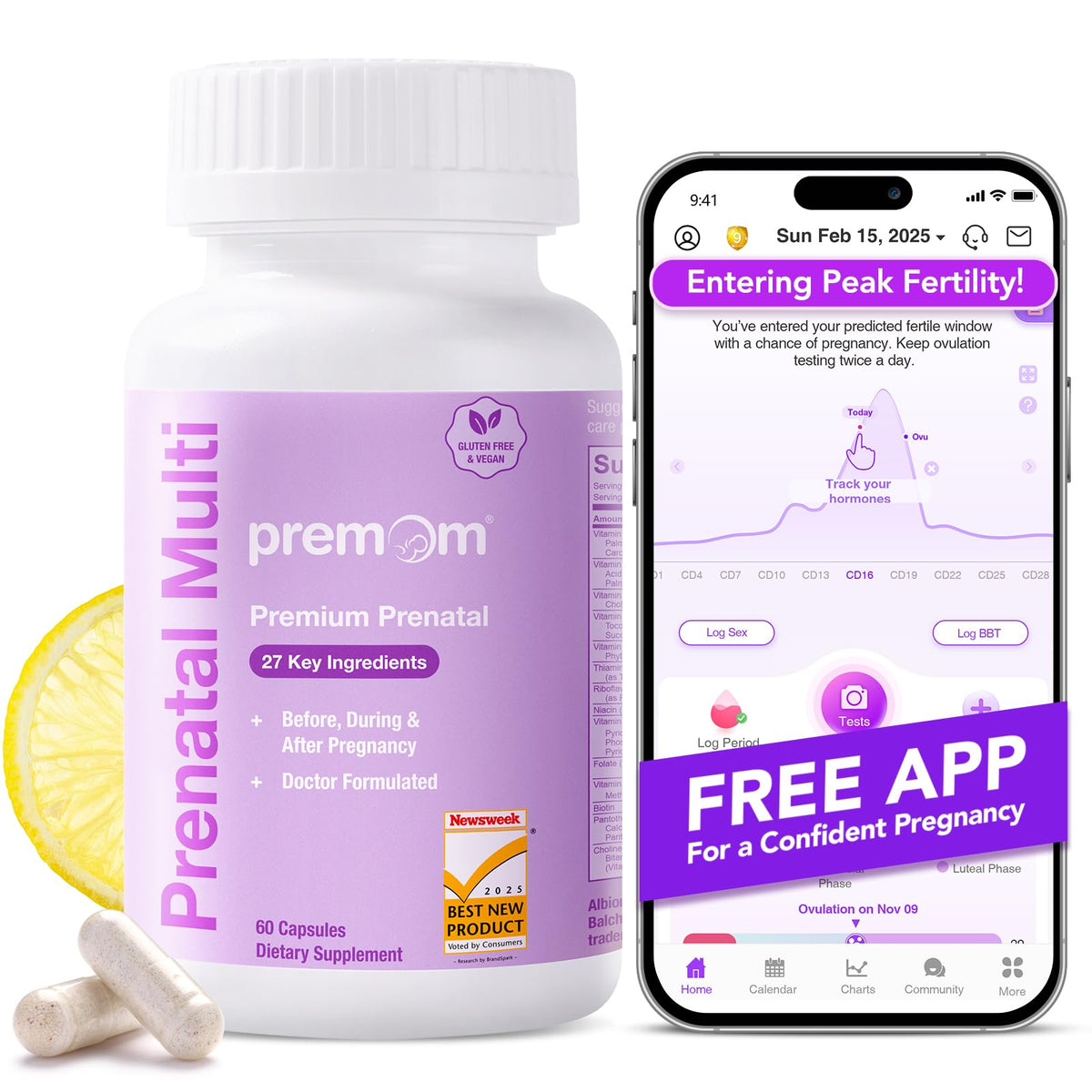 Premom Prenatal Vitamins bottle and capsules