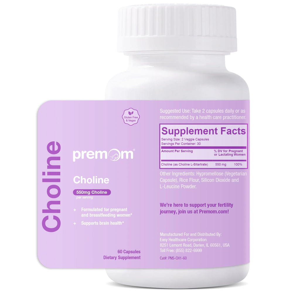 Premom Prenatal Choline Bitartrate bottle label showing 550 mg per serving