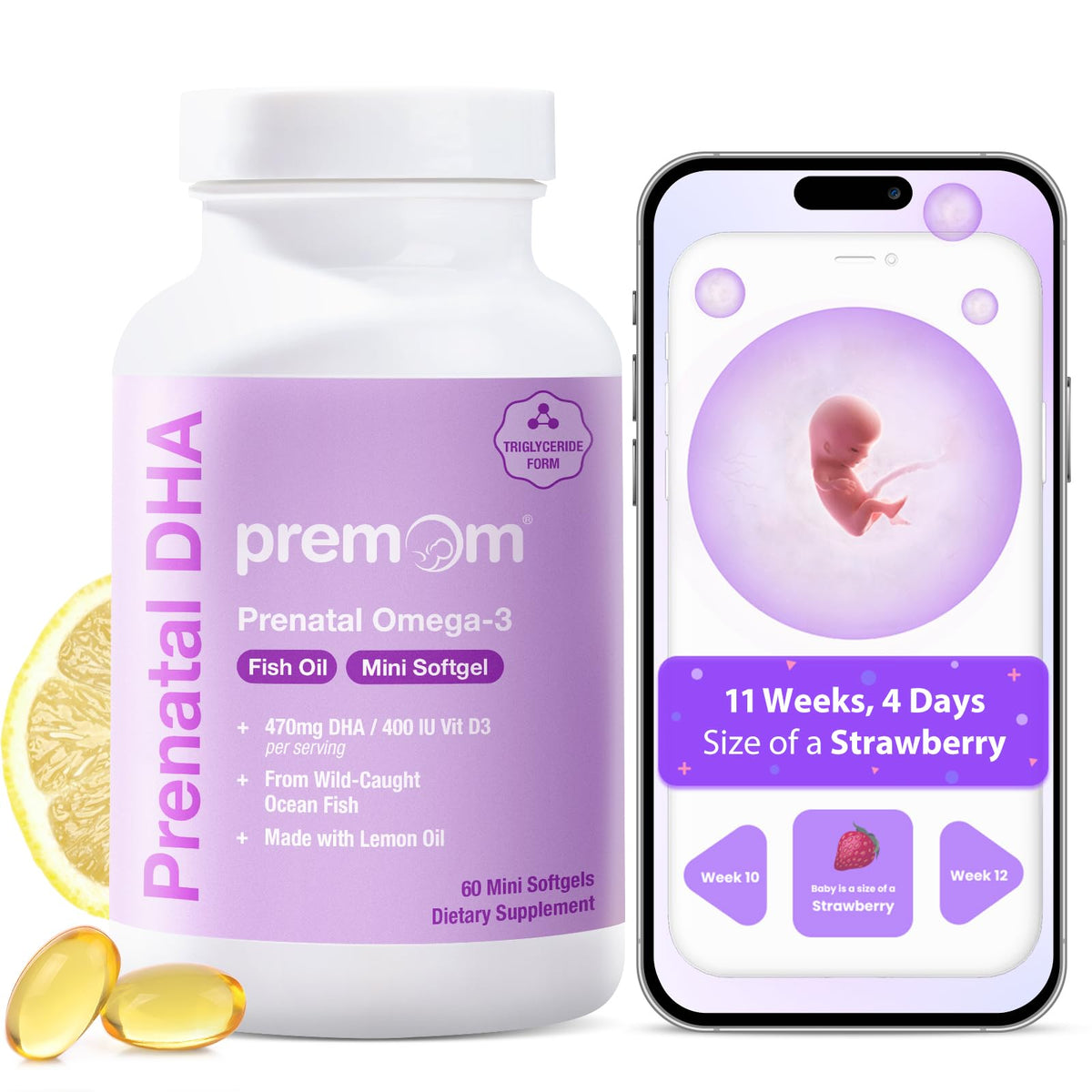 Premom Prenatal DHA Fish Oil capsules in bottle