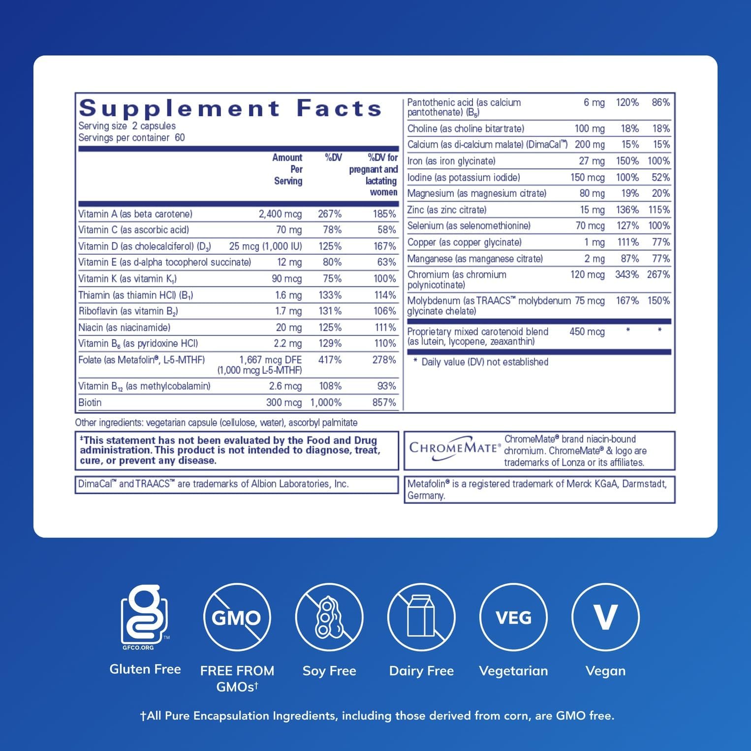 Product label for Pure Encapsulations PreNatal Nutrients