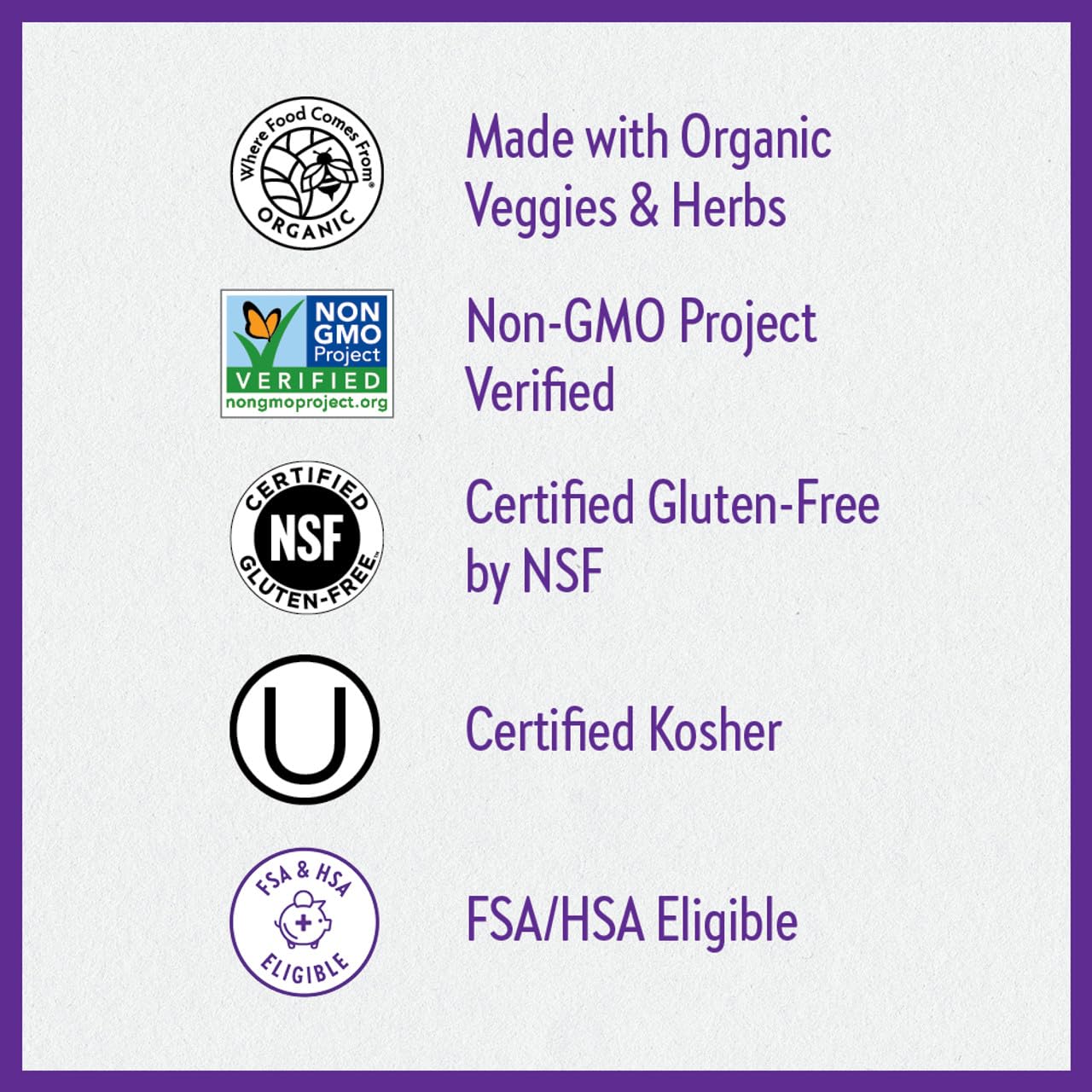 Organic, kosher, gluten-free, and sugar-free prenatal vitamin packaging