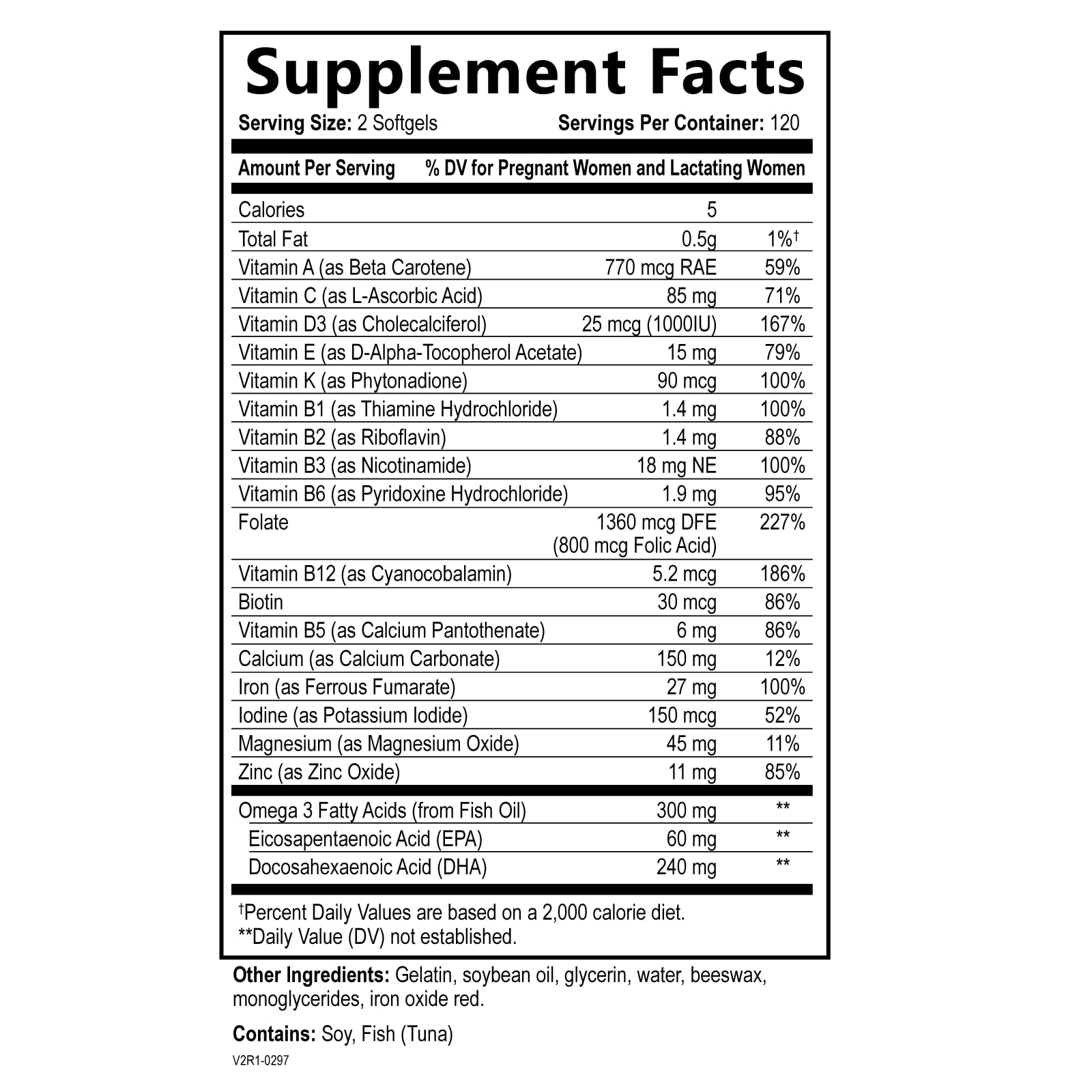 Ingredients layout showing DHA, Folic Acid, Vitamin C, B12 and Iron