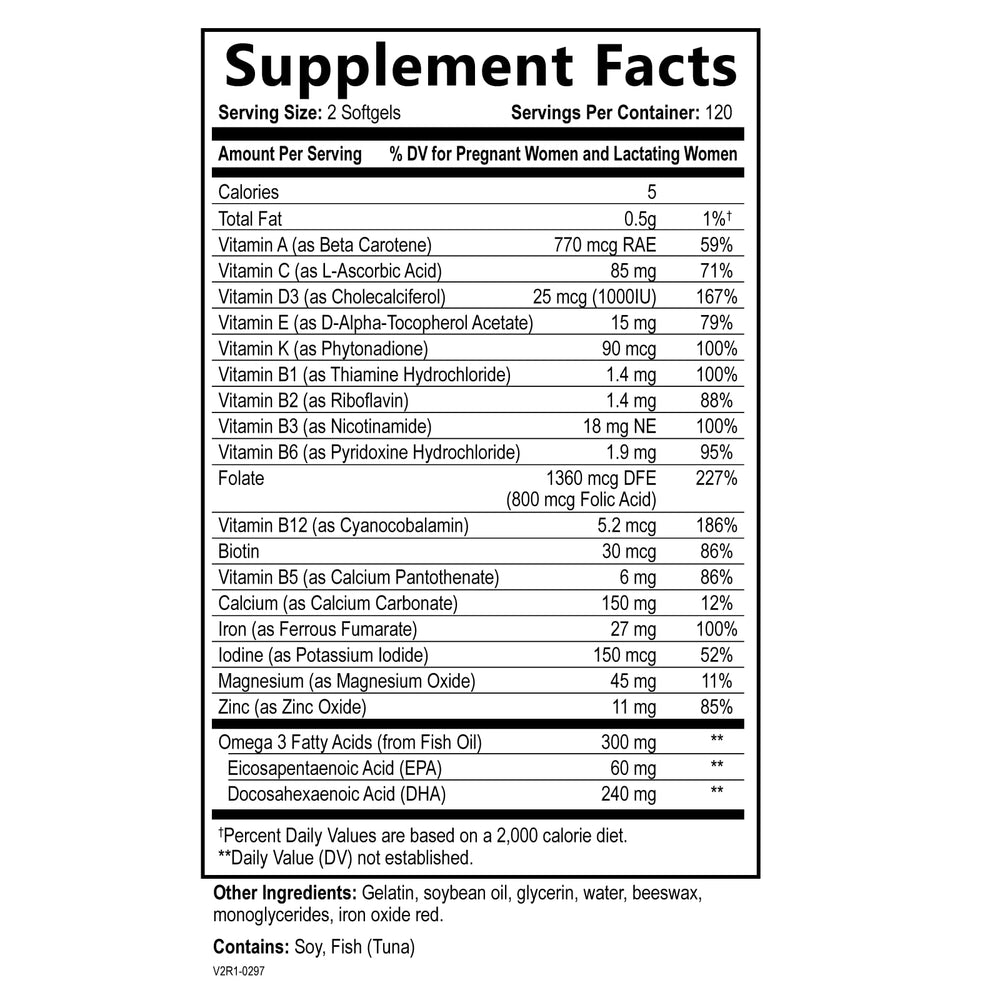Ingredients layout showing DHA, Folic Acid, Vitamin C, B12 and Iron