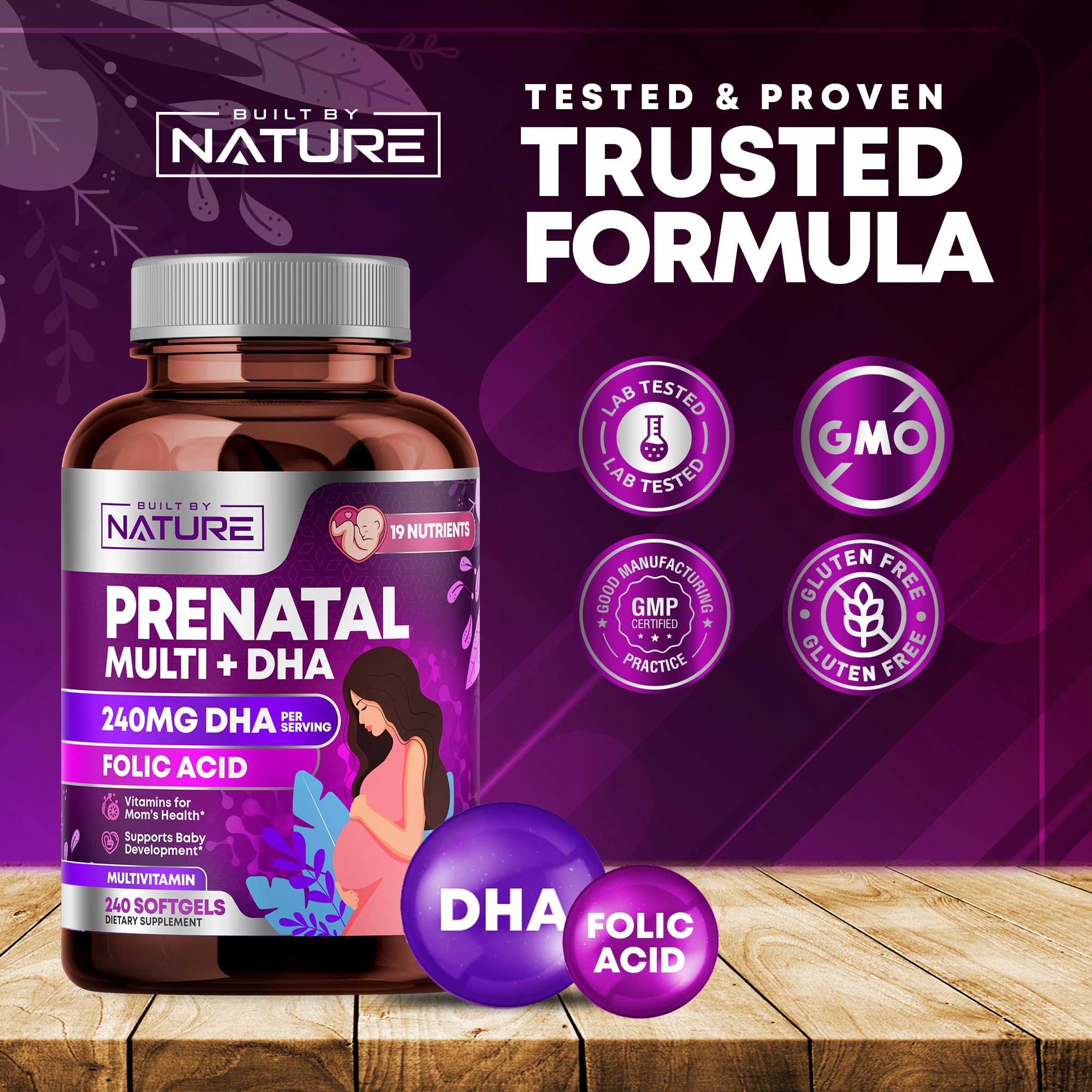 Expecting mother with prenatal vitamins and essentials
