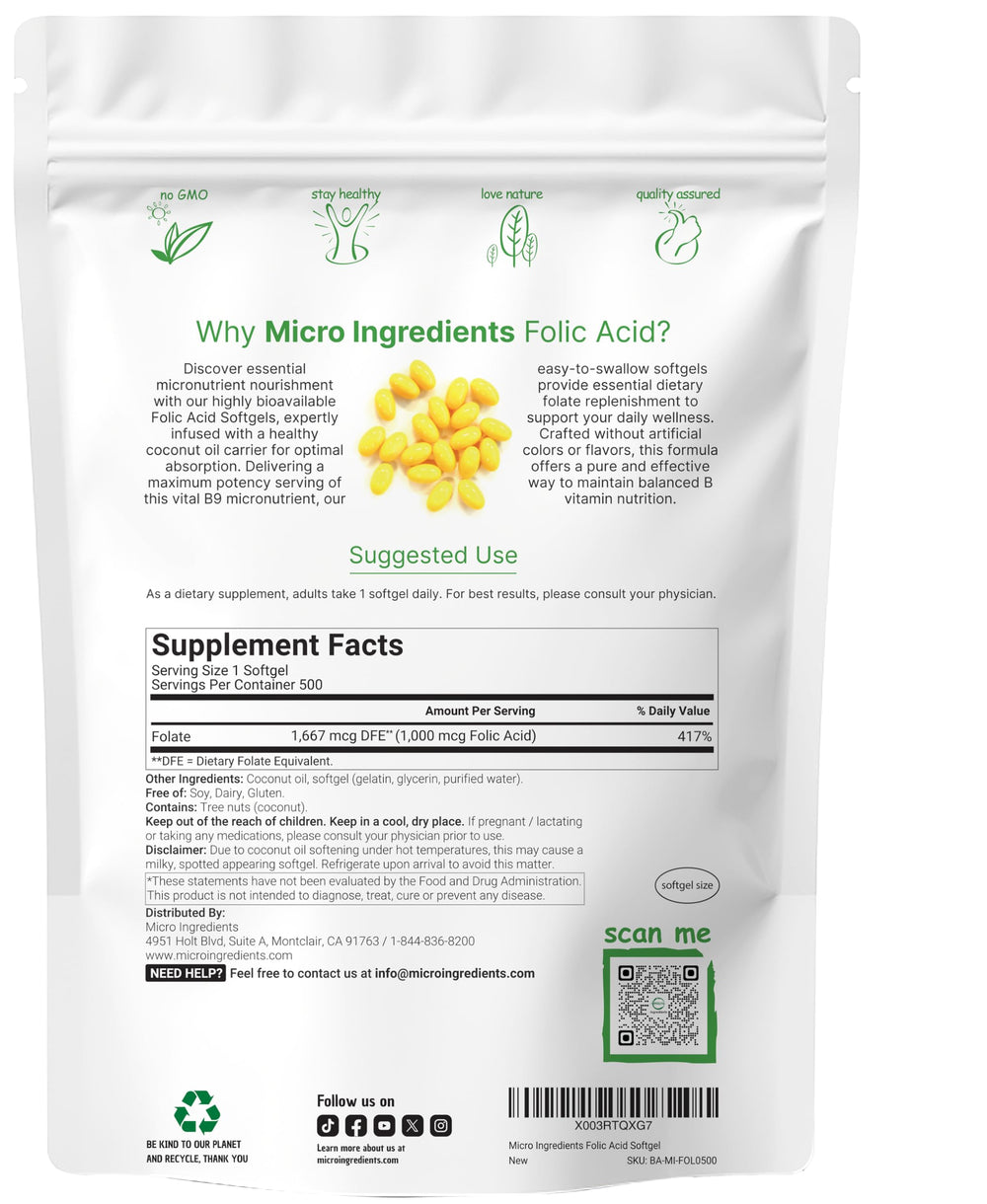 Prenatal vitamin B9 folic acid 1000 mcg softgels, 500 count pack