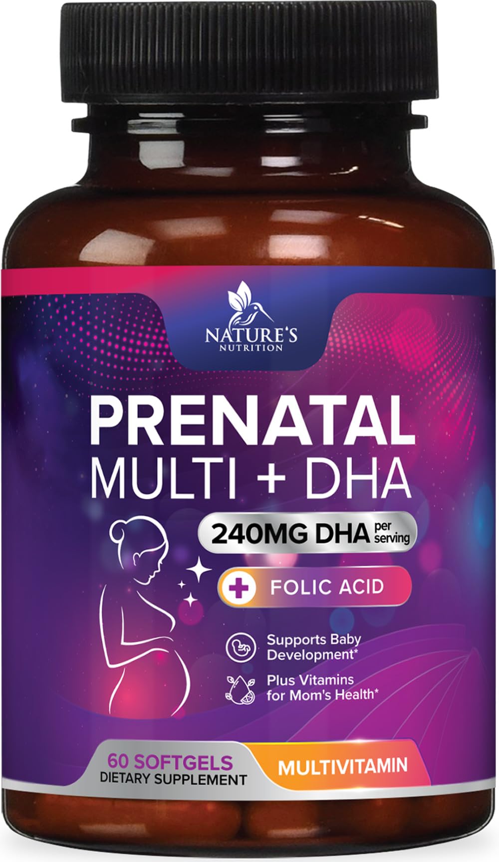 Bottle of prenatal vitamins highlighting DHA and folic acid