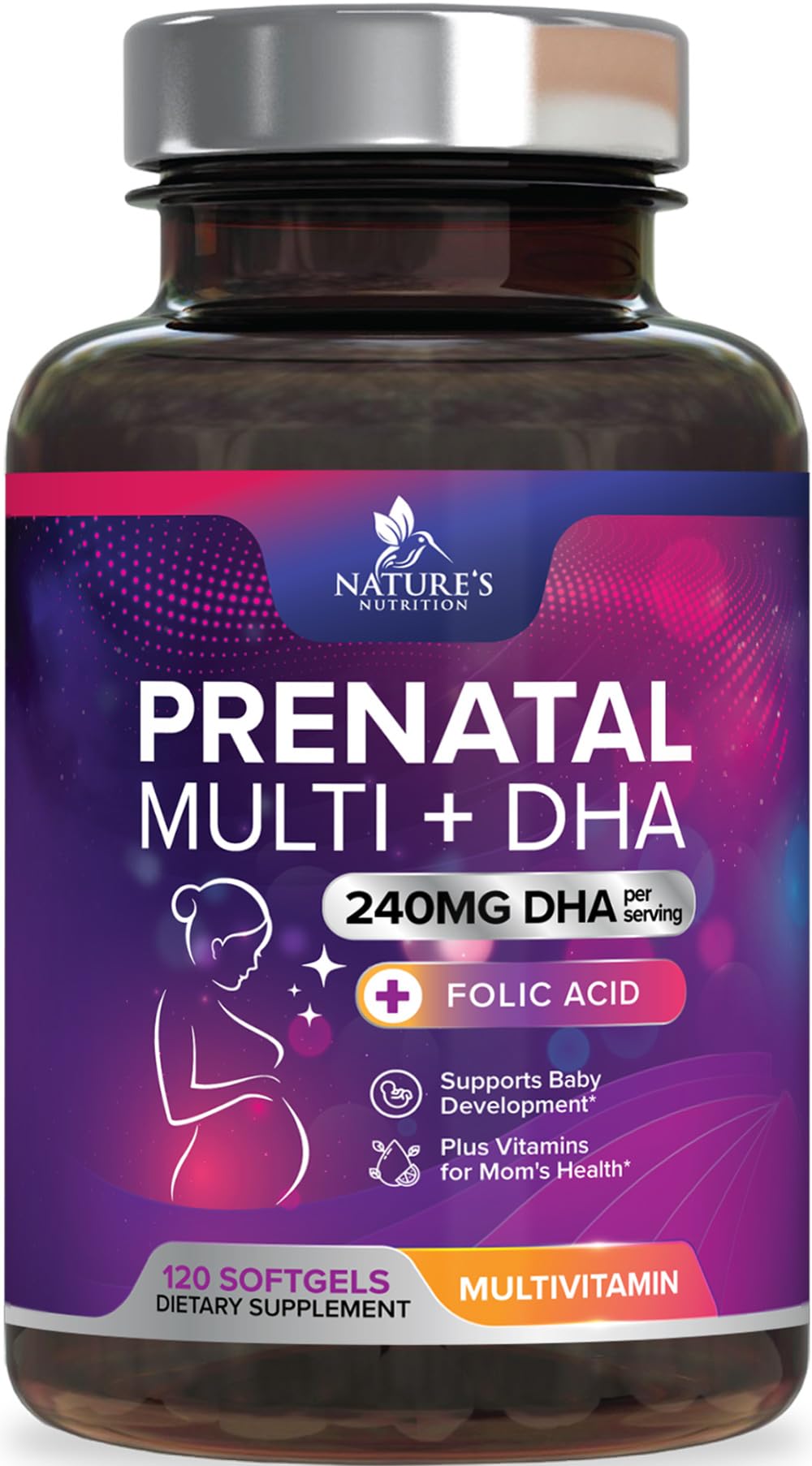 Front view of prenatal vitamins bottle with DHA and folic acid label