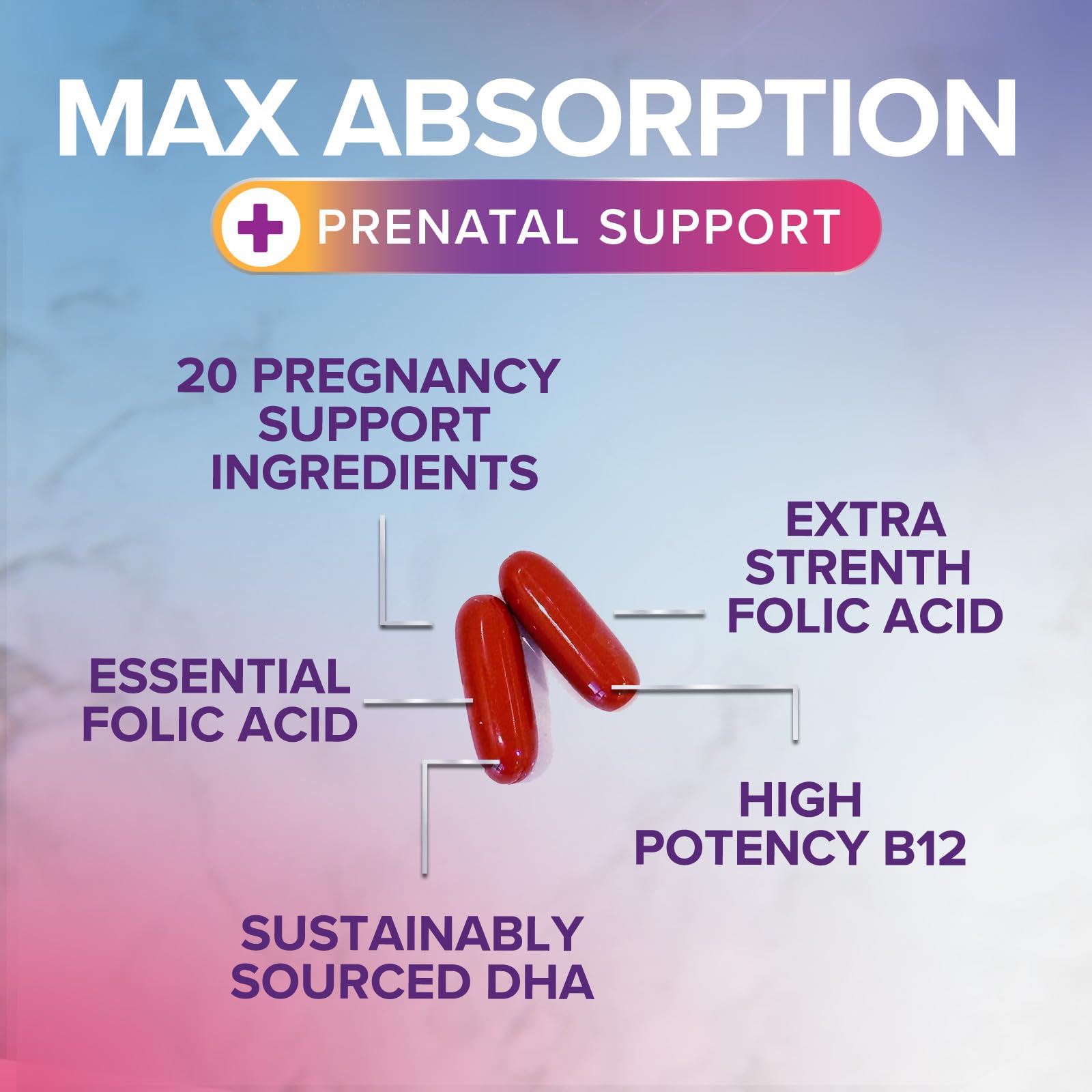 Prenatal vitamins bottle showing omega-3 and folic acid information
