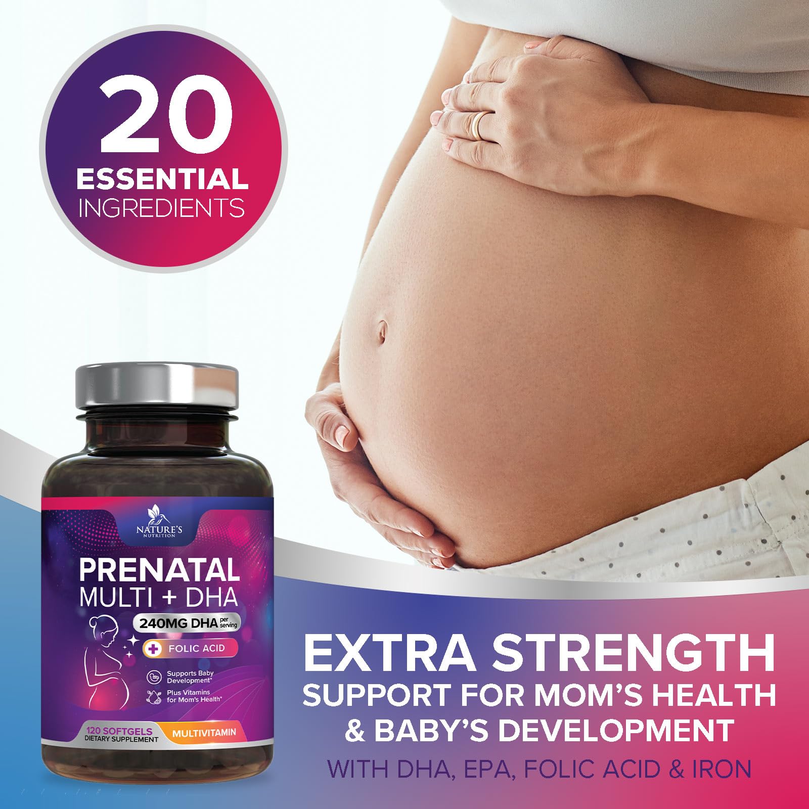 Folate, iron and vitamin D on prenatal vitamins label