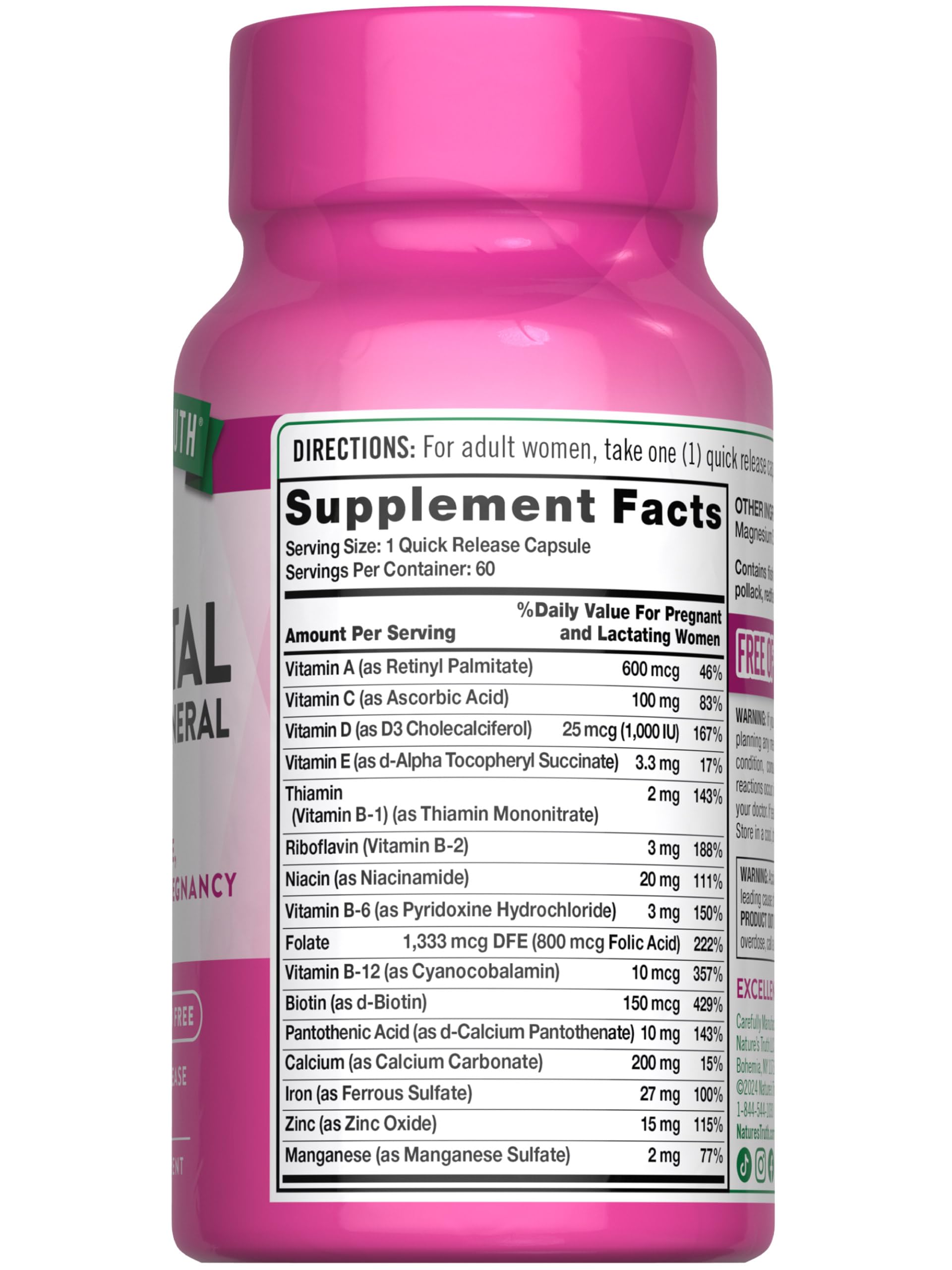 Back packaging showing supplement facts for prenatal vitamins