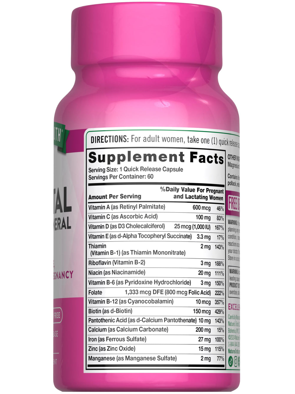 Back packaging showing supplement facts for prenatal vitamins