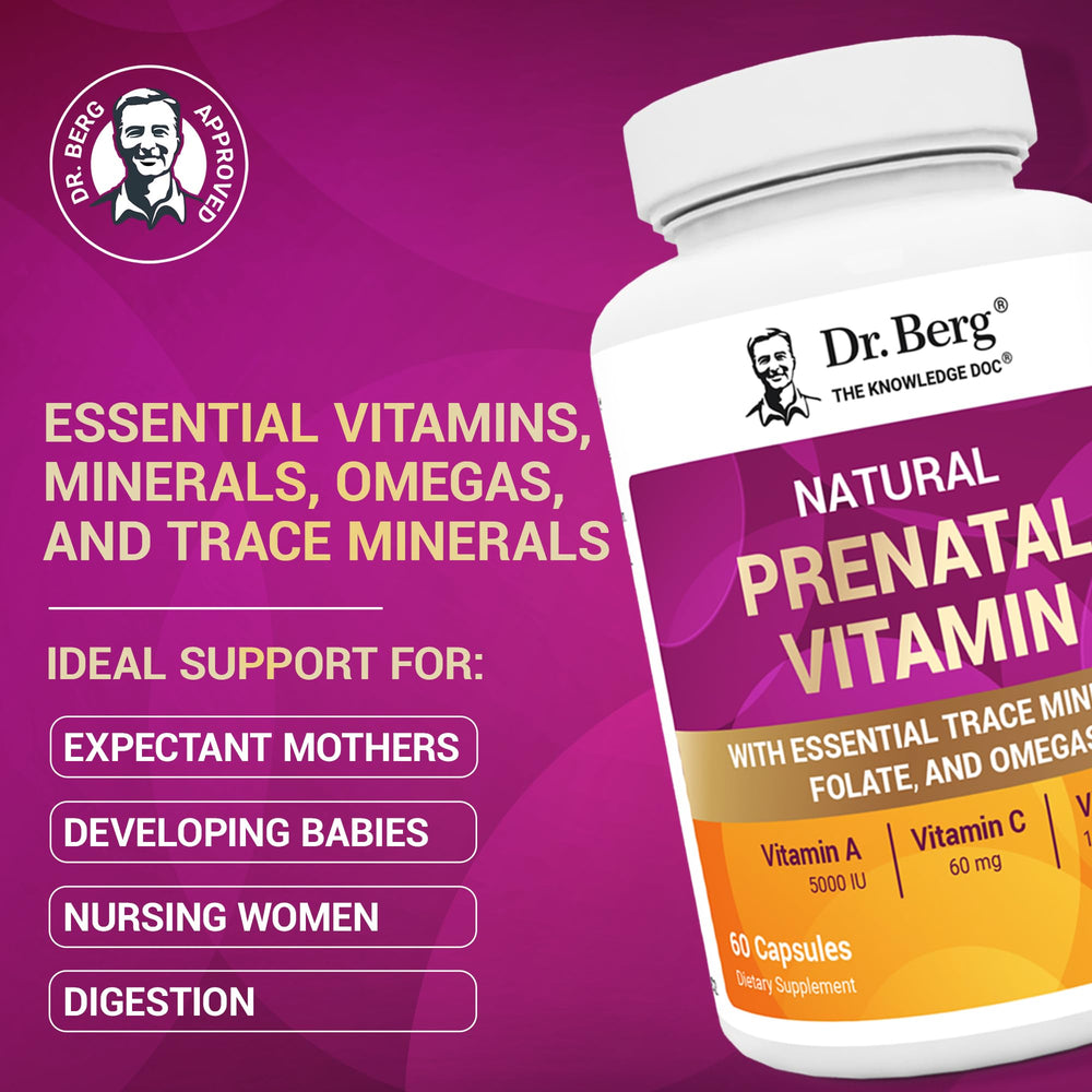 Bottle of Dr. Berg Prenatal Vitamins showing 60 capsules