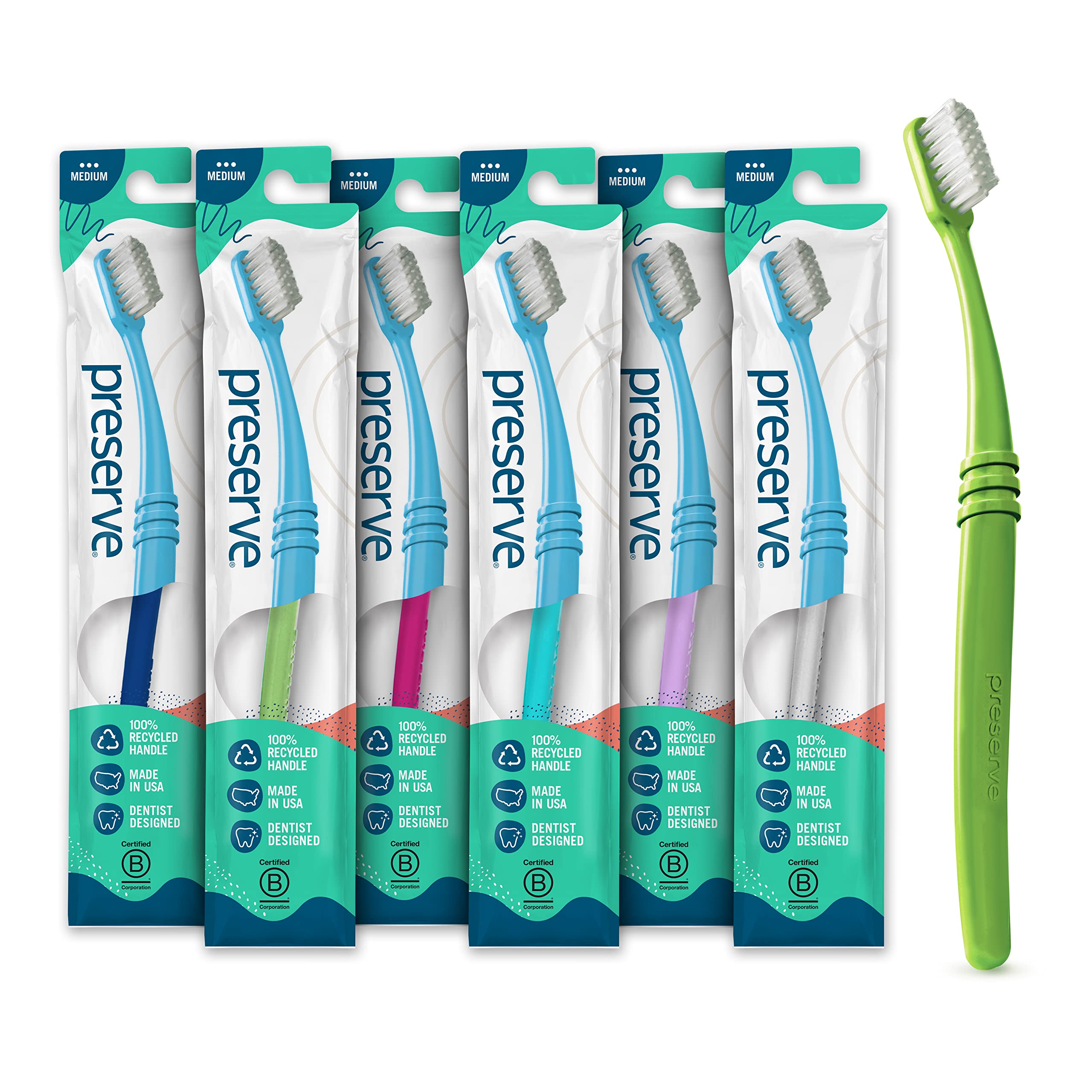 Preserve toothbrush with curved ergonomic handle made in the USA from recycled plastic
