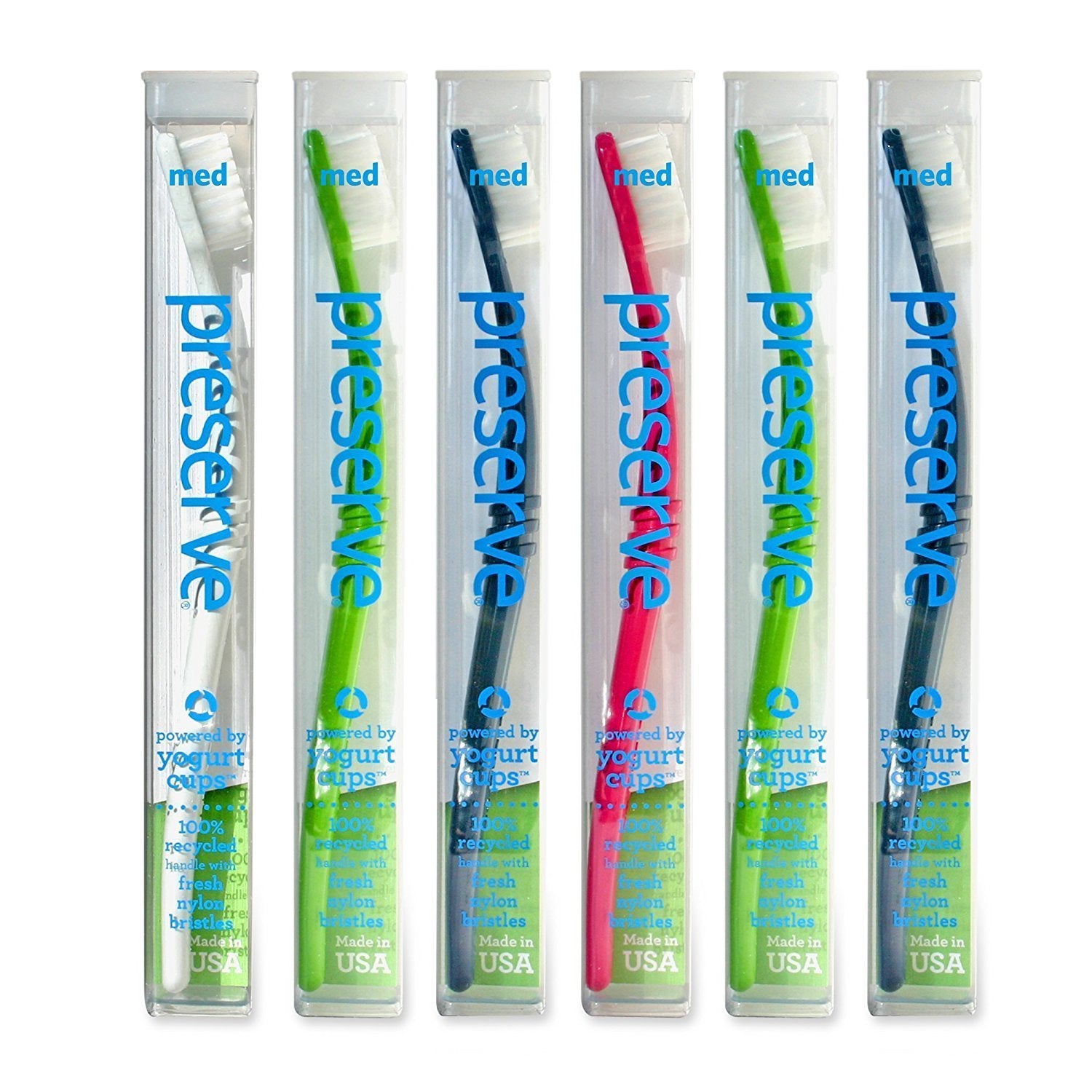 Preserve toothbrushes with travel case, 6-pack, medium bristles, assorted colors