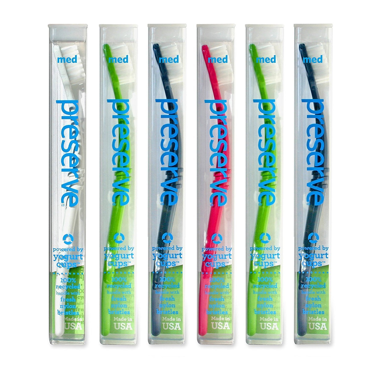 Preserve toothbrushes with travel case, 6-pack, medium bristles, assorted colors