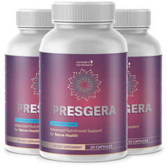 Presgera Capsules bottle label highlighting natural daily supplement